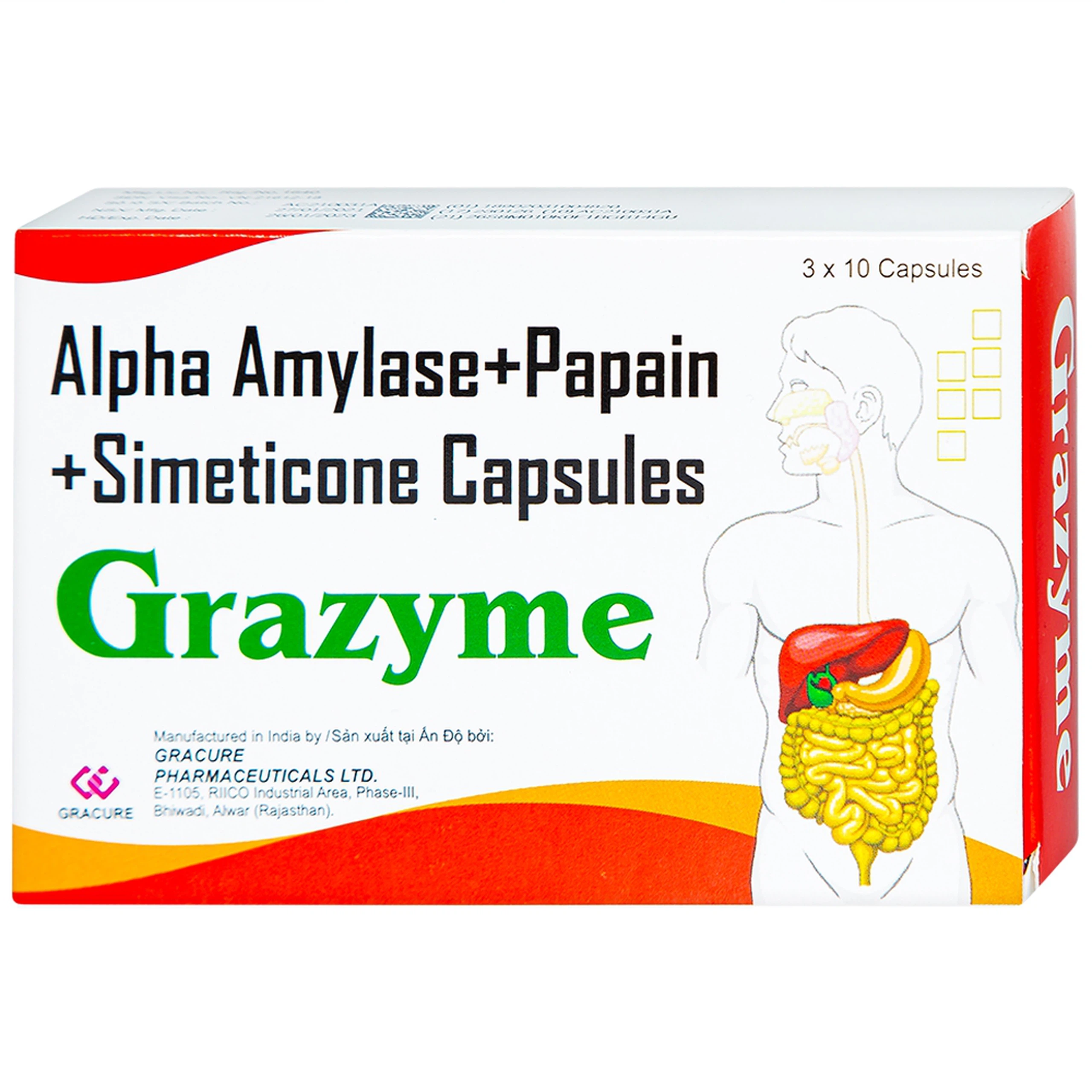 Thuốc Grazyme Gracure điều trị khó tiêu, tức bụng, đầy hơi (3 vỉ x 10 viên)