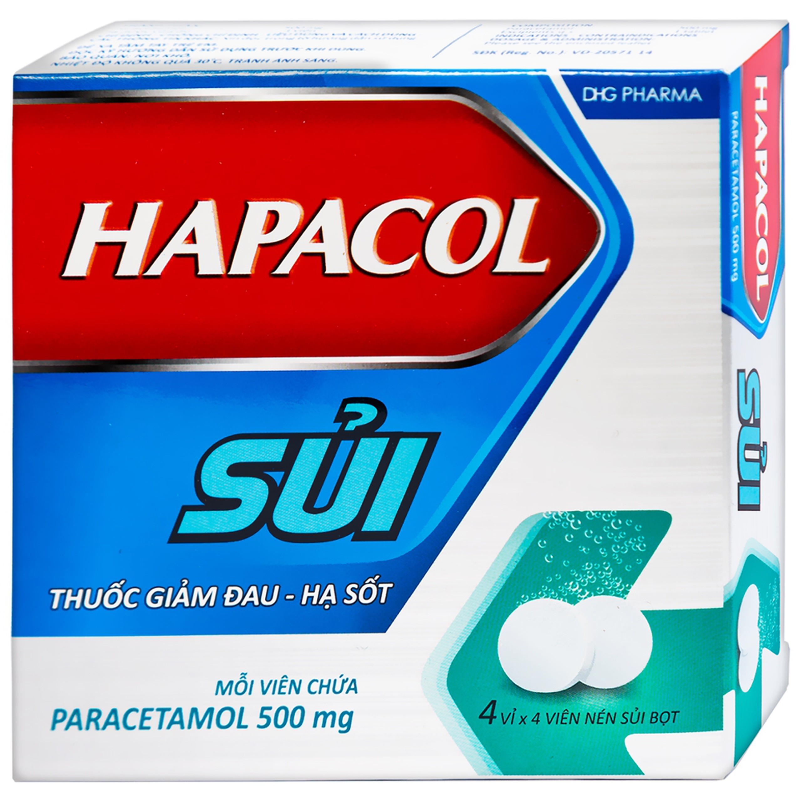 Viên sủi Hapacol 500 DHG giảm đau, hạ sốt (4 vỉ x 4 viên)