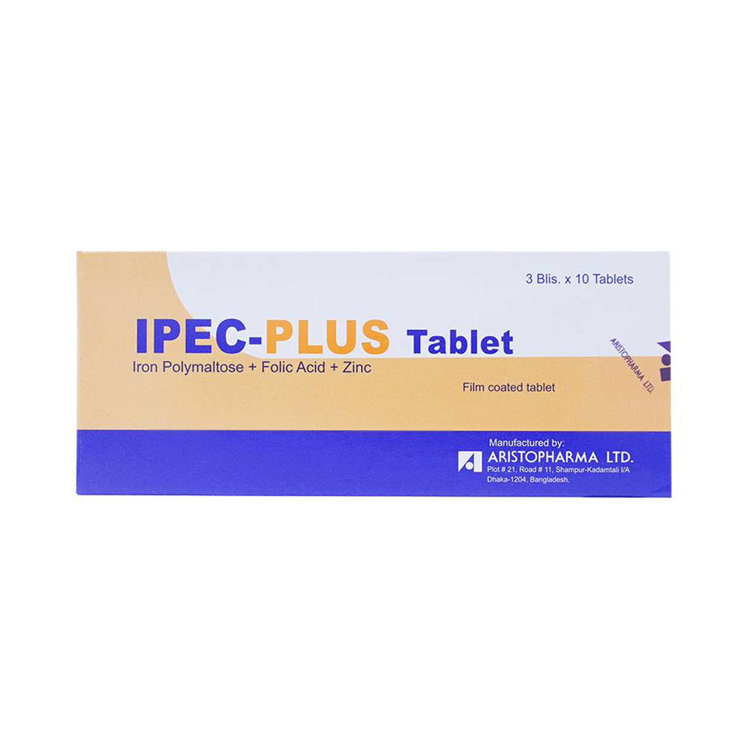 Thuốc Ipec-Plus Aristopharma điều trị thiếu sắt, acid folic và kẽm (3 vỉ x 10 viên)