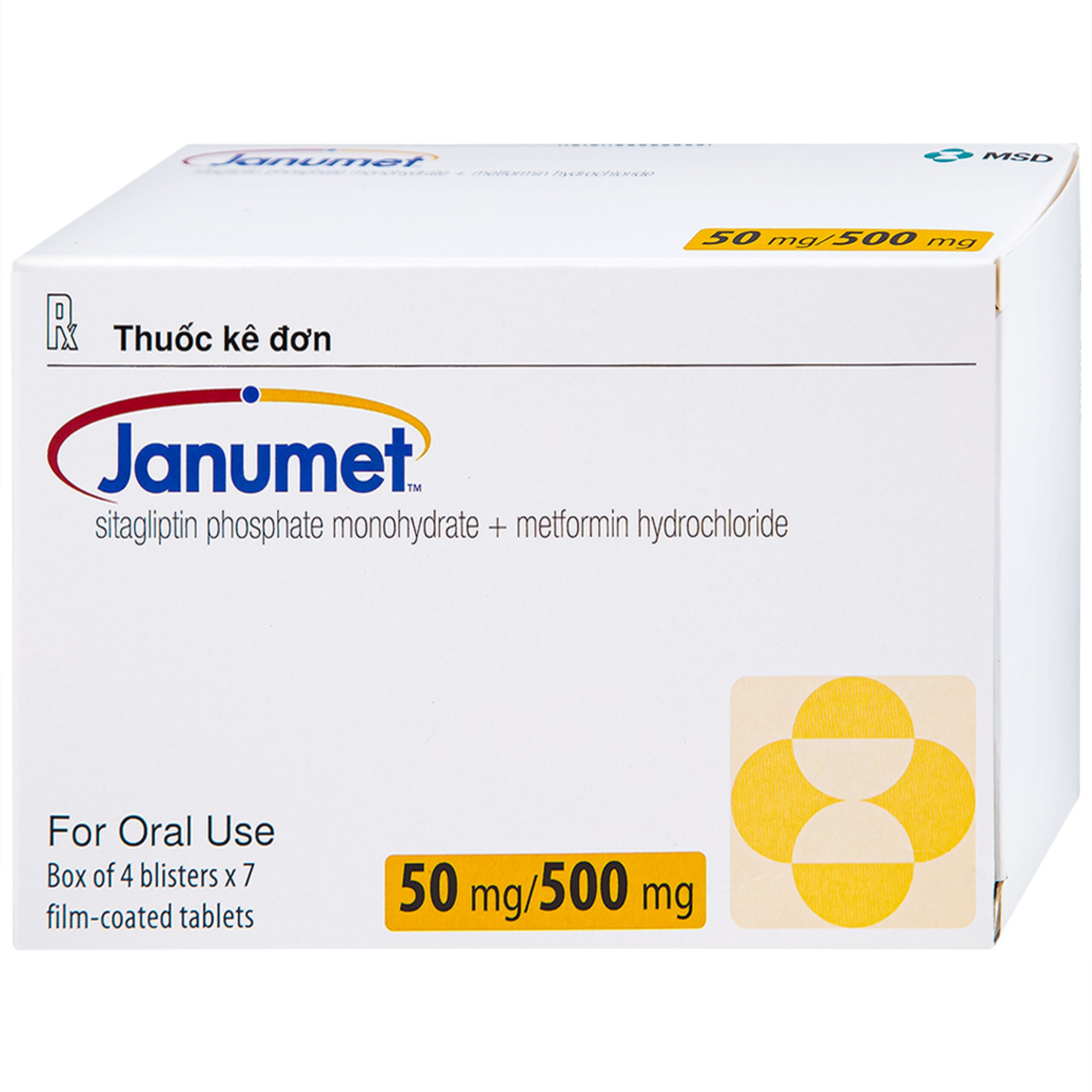 Viên nén Janumet 50mg/500mg MSD hỗ trợ chế độ ăn kiêng, cải thiện kiểm soát đường huyết tuýp 2 (4 vỉ x 7 viên)