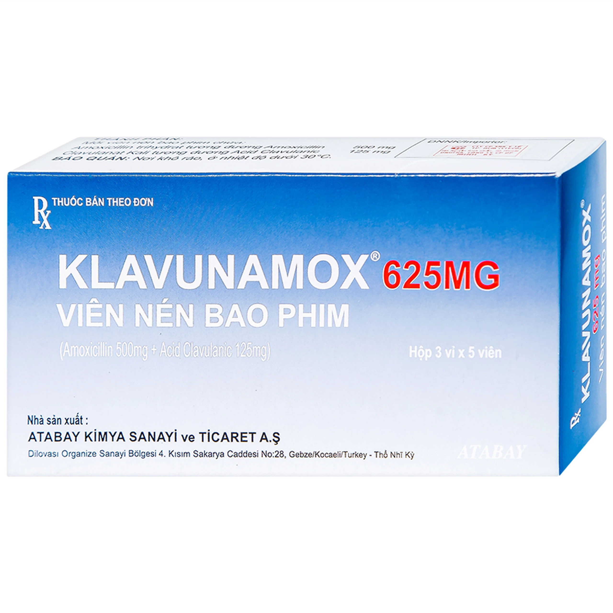 Thuốc Klavunamox 625mg Atabay điều trị nhiễm khuẩn đường hô hấp, da và mô mềm (3 vỉ x 5 viên)