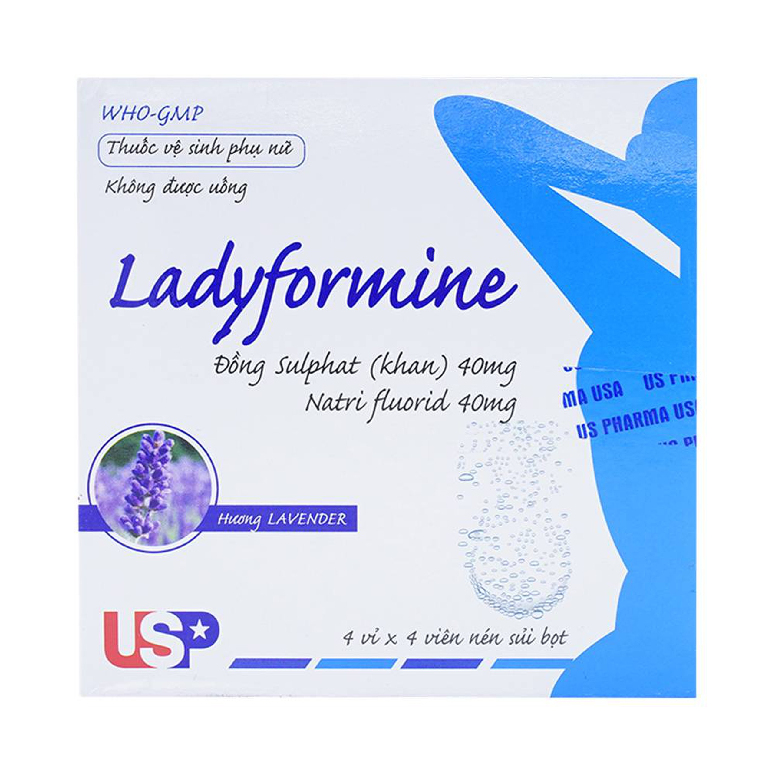 Thuốc vệ sinh phụ nữ Ladyformine USP vệ sinh vùng kín sau sinh, hành kinh, khí hư, viêm ngứa (4 vỉ x 4 viên)
