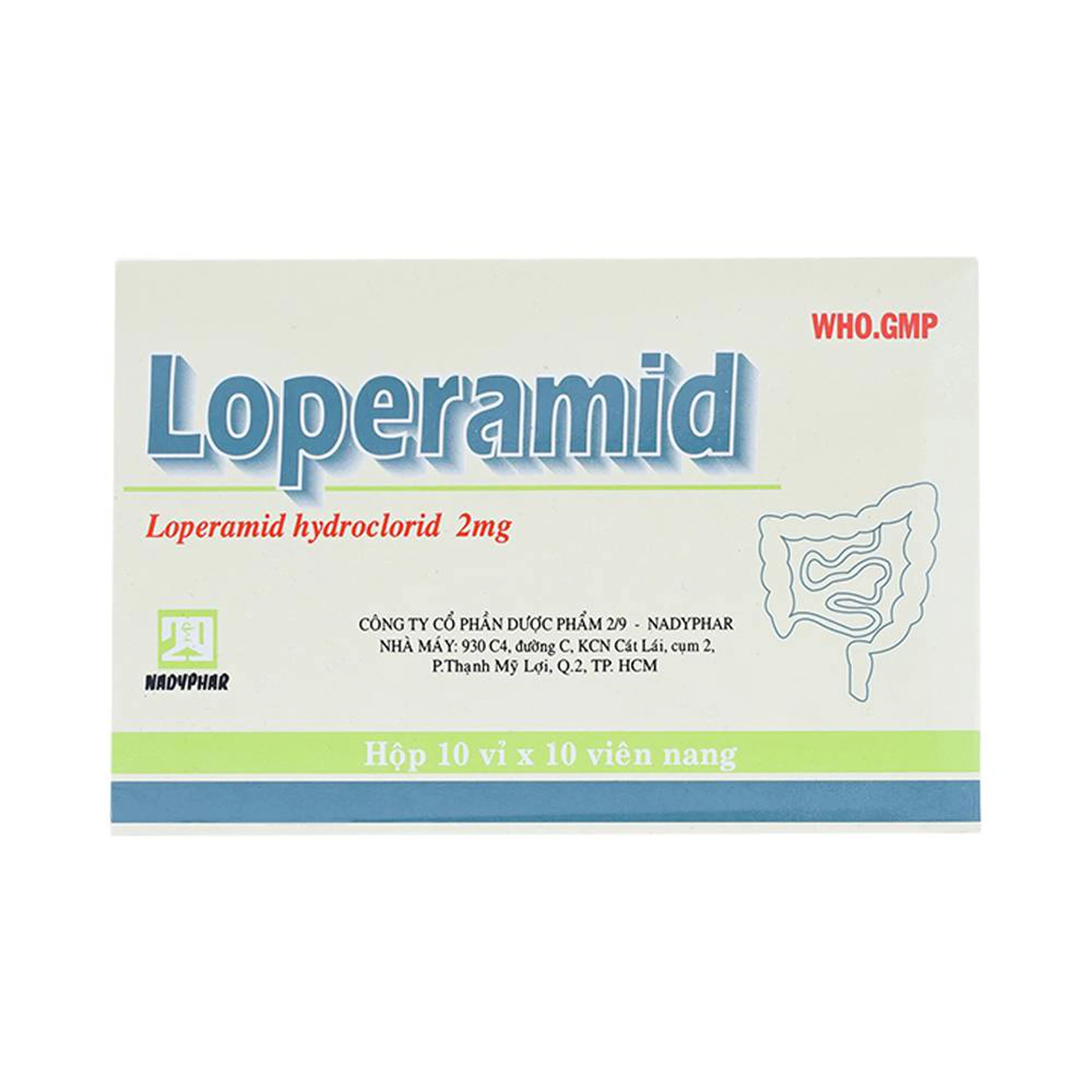 Viên nang cứng Loperamid 2mg Nadyphar điều trị triệu chứng tiêu chảy cấp tính và mạn tính (10 vỉ x 10 viên)