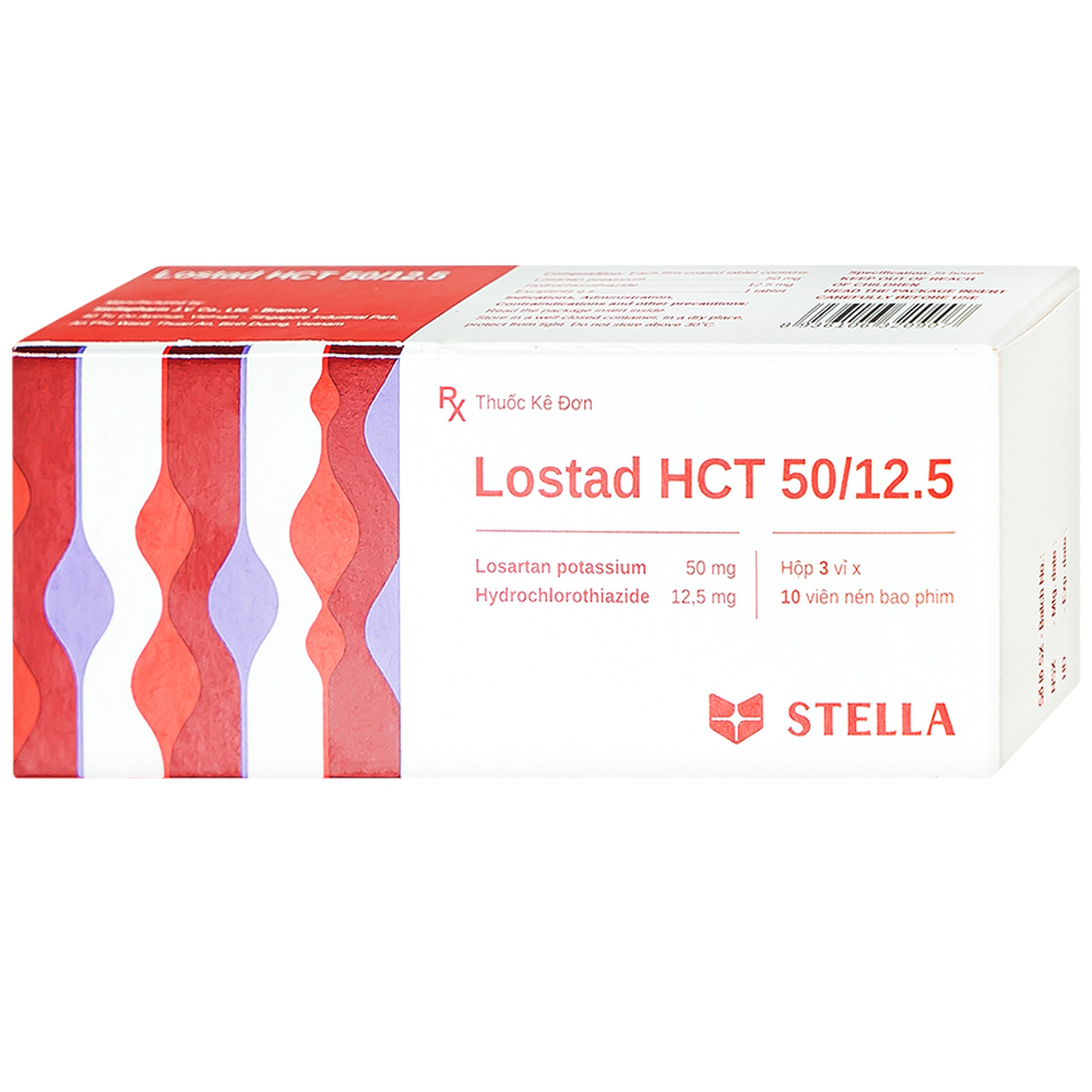 Thuốc Lostad HCT 50/12.5 Stella điều trị tăng huyết áp, giảm nguy cơ đột quỵ (3 vỉ x 10 viên) 