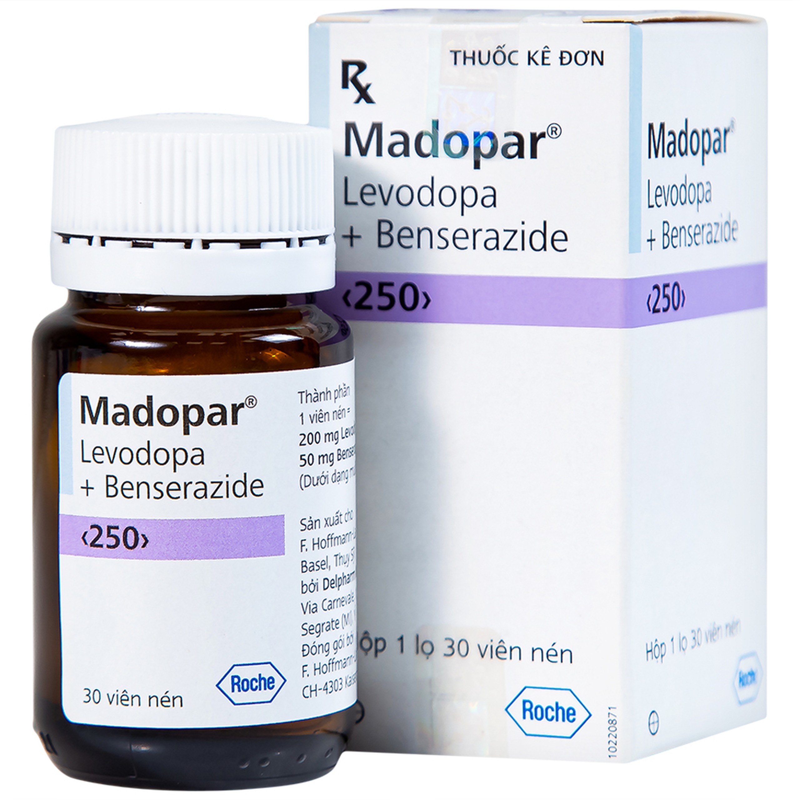 Viên nén Madopar Levodopa And Benserazide 250 Roche điều trị bệnh Parkinson vô căn (30 viên)