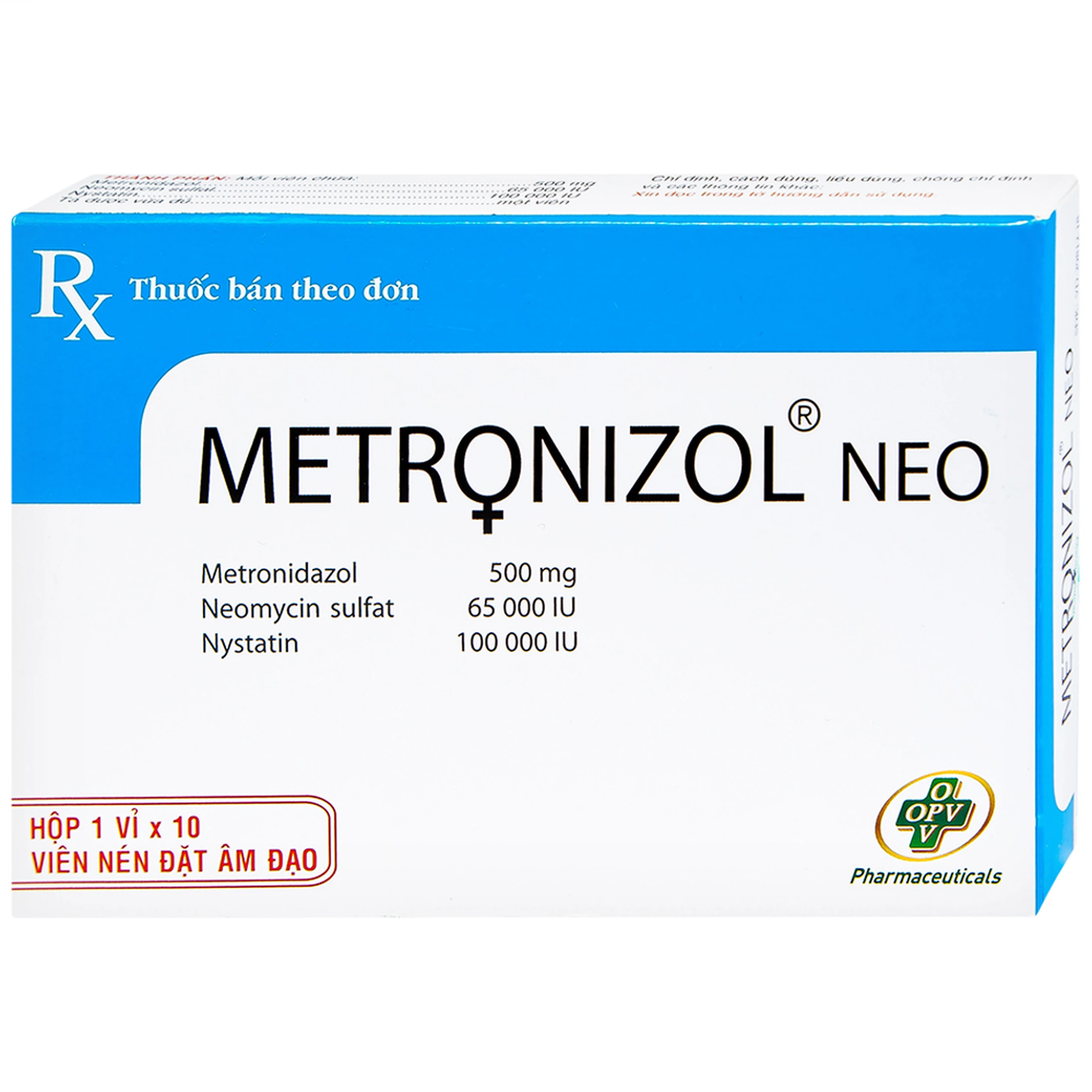 Viên đặt âm đạo Metronizol Neo OPV điều trị viêm nhiễm âm đạo (1 vỉ x 10 viên)