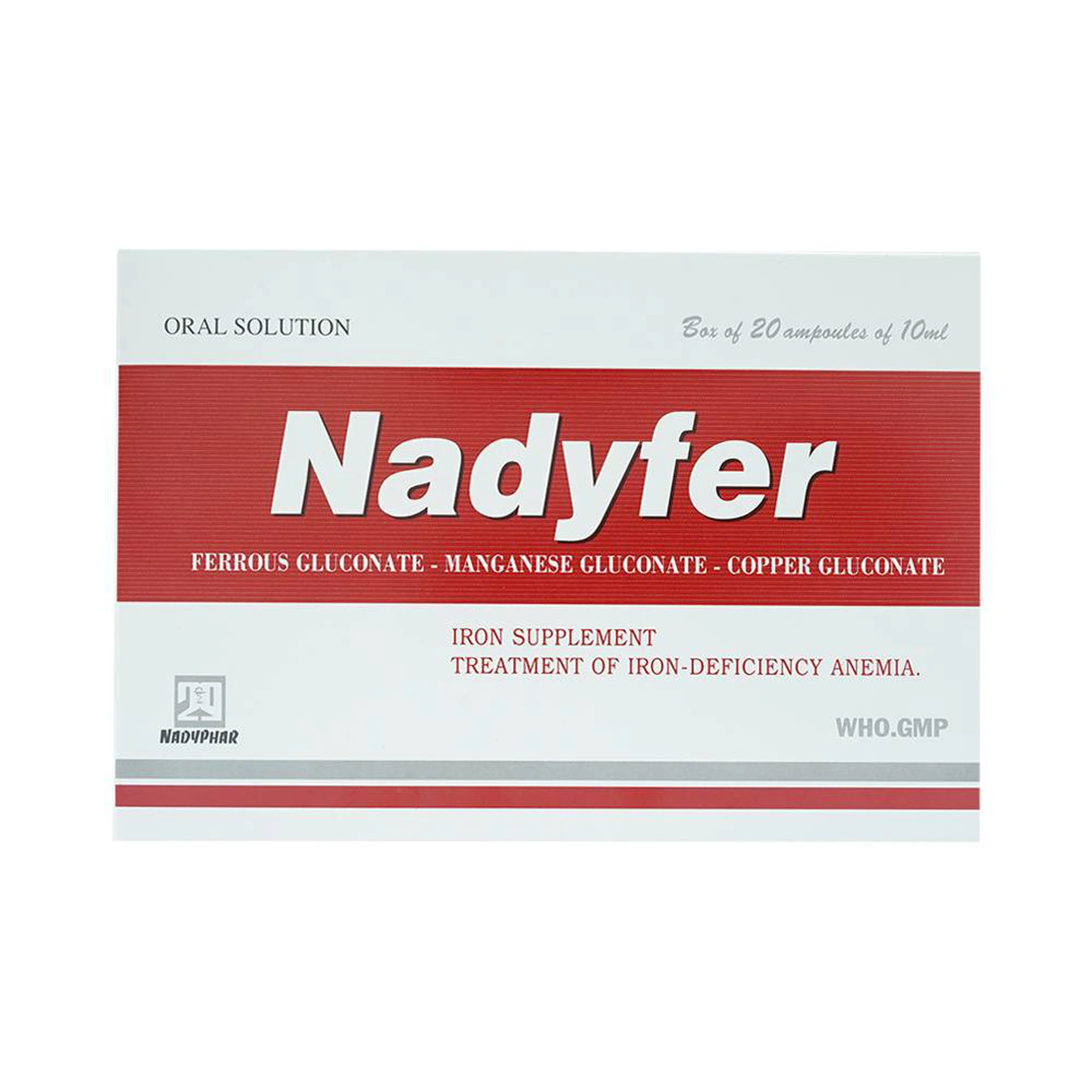 Dung dịch uống Nadyfer Nadyphar điều trị giảm nồng độ hemoglobin, mất máu kéo dài (2 vỉ x 10 ống)