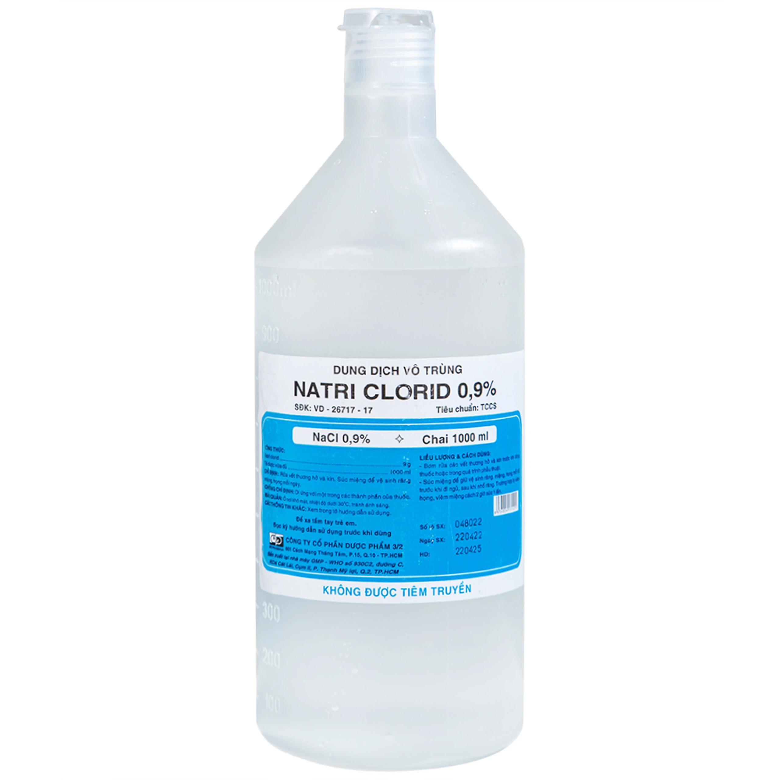 Dung dịch vô trùng Natri Clorid 0.9% Dược 3-2 rửa vết thương hở và kín, súc miệng (1000ml)
