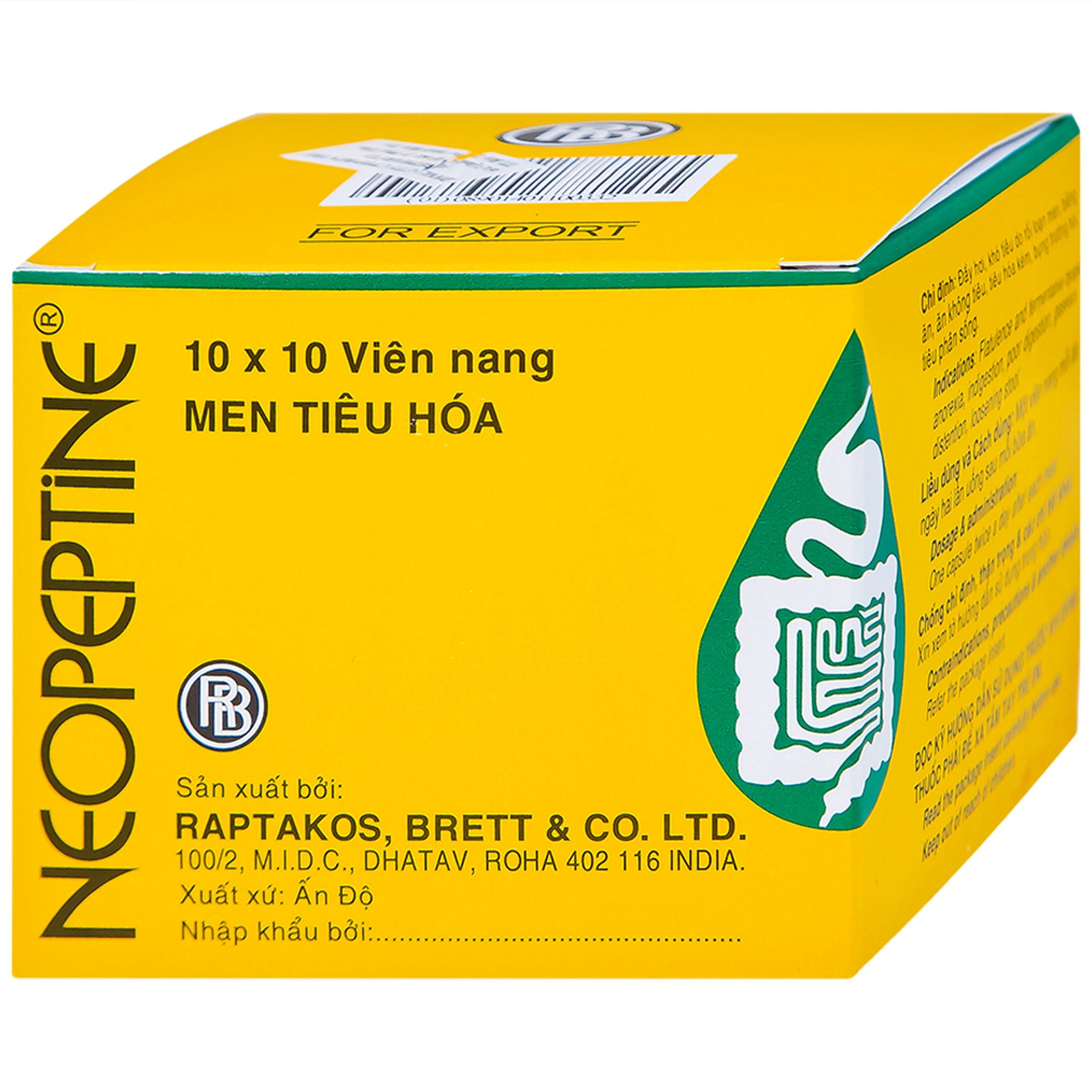 Men tiêu hóa Neopeptine Raptakos hỗ trợ điều trị đầy hơi, khó tiêu, biếng ăn (10 vỉ x 10 viên) 