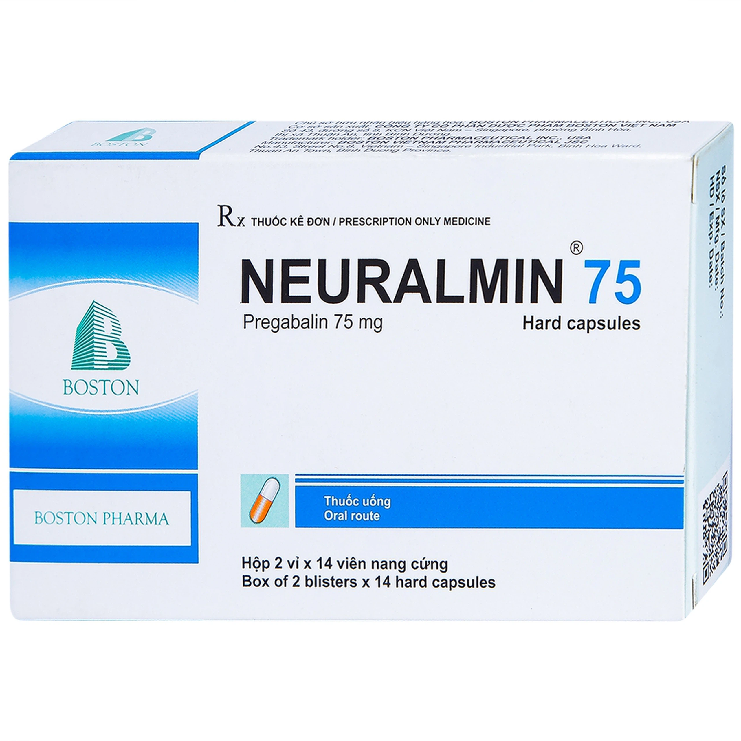 Viên nang cứng Neuralmin 75 Boston Pharma điều trị đau thần kinh, động kinh, rối loạn lo âu (2 vỉ x 14 viên)