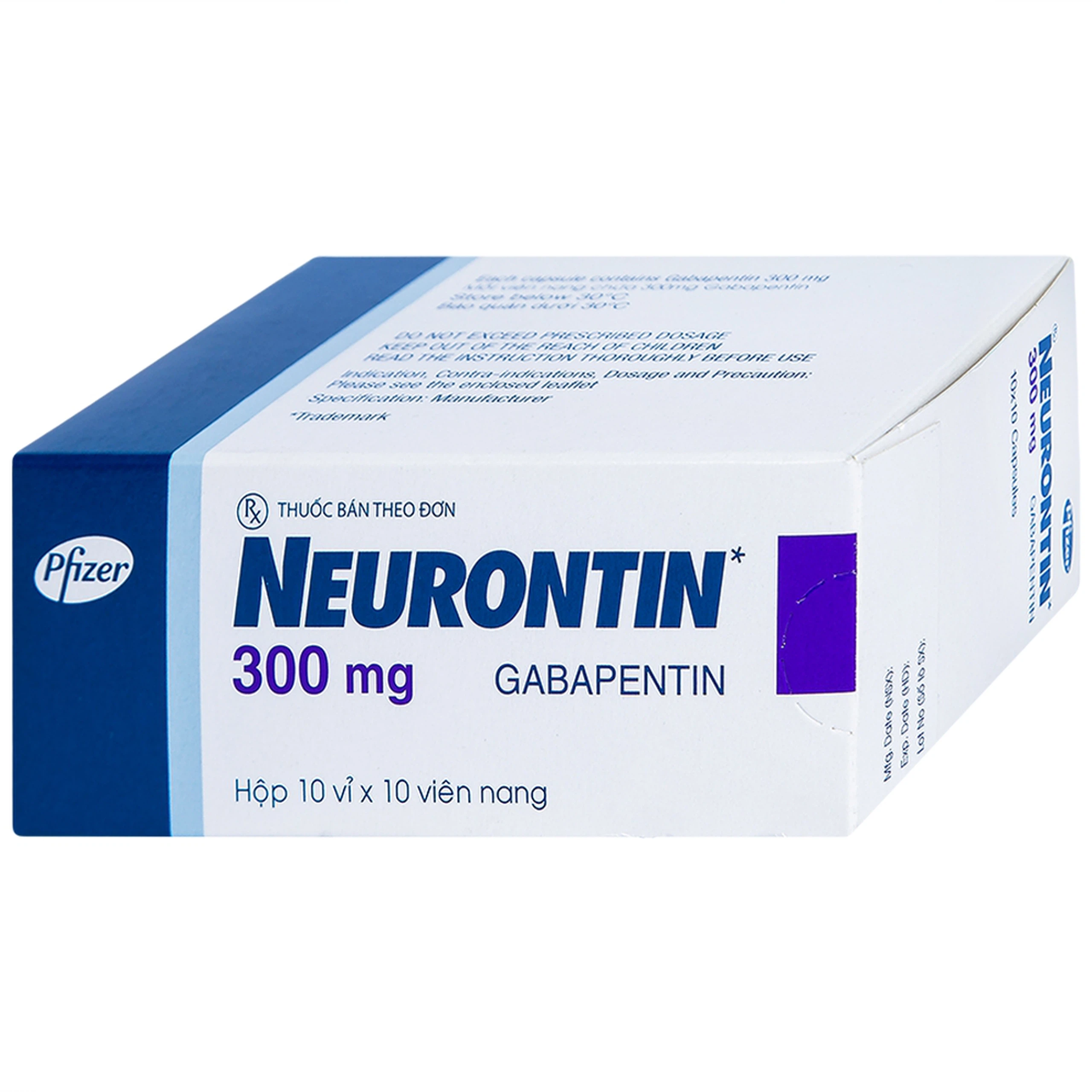 Viên nang cứng Neurontin 300mg Pfizer điều trị hỗ trợ trong động kinh cục bộ (10 vỉ x 10 viên)