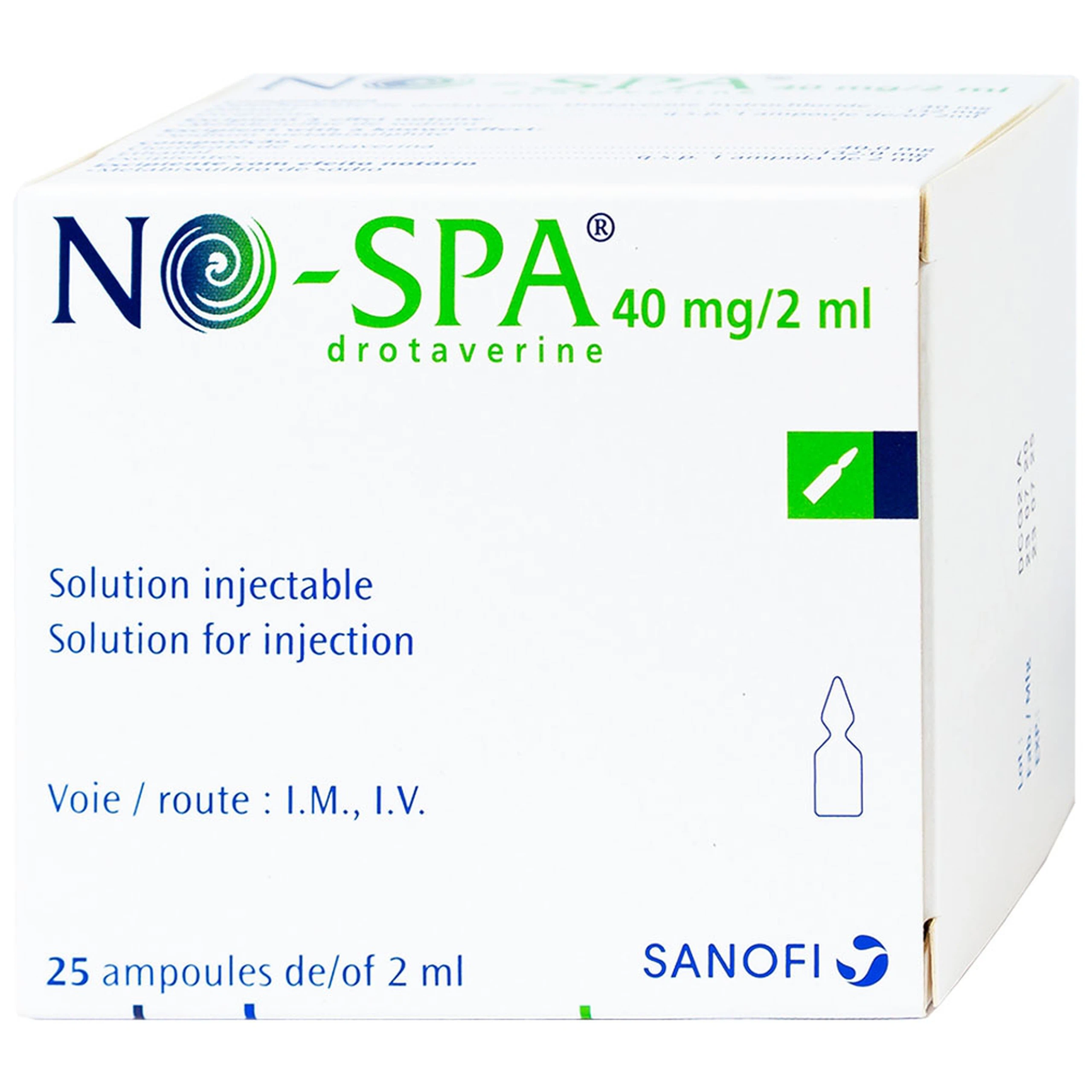 Dung dịch tiêm No-Spa 40mg/2ml Sanofi chống co thắt cơ, điều trị sỏi túi mật, sỏi ống mật (5 vỉ x 5 ống x 2ml)