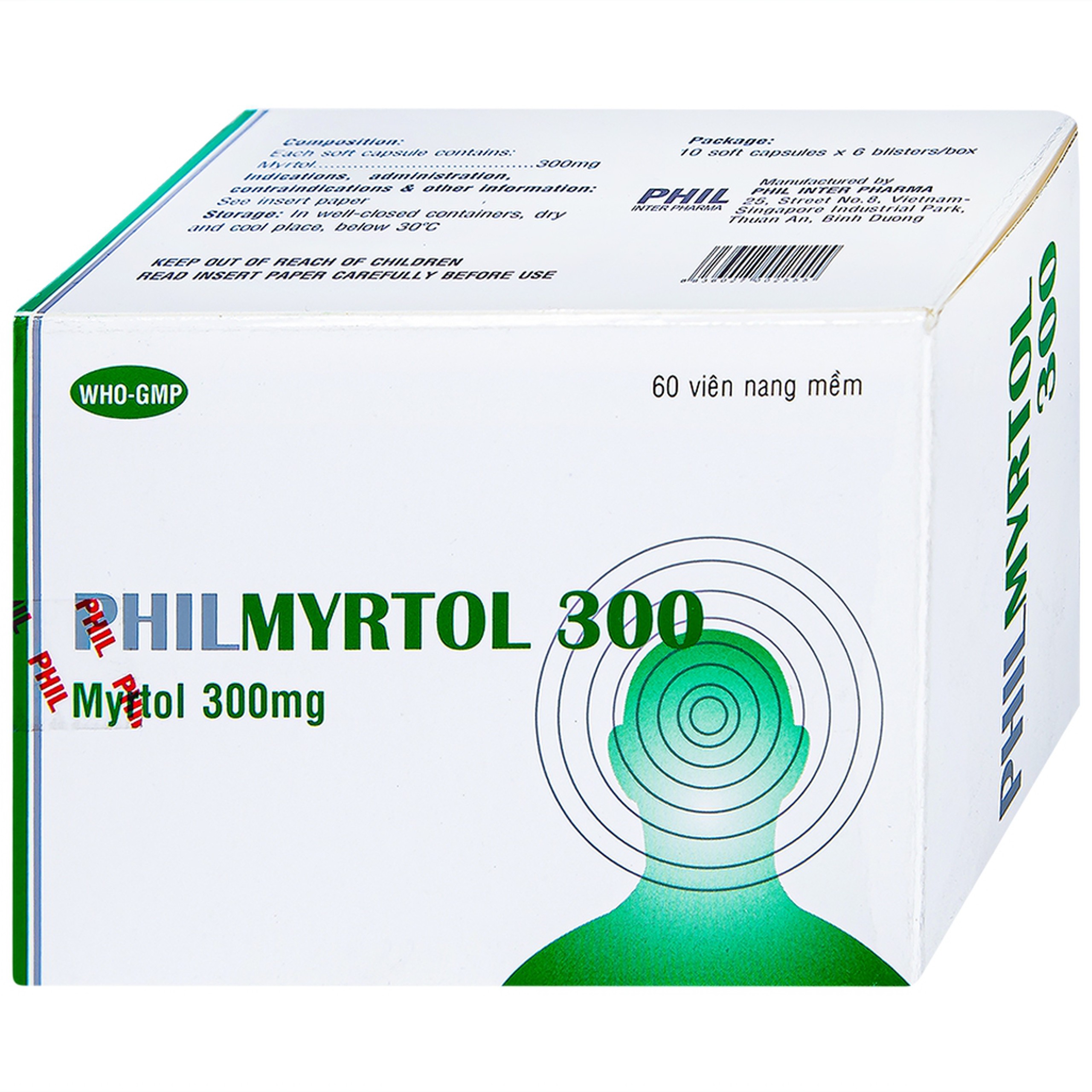 Thuốc Philmyrtol 300 Phil Inter Pharma loãng đờm, giảm viêm phế quản, viêm xoang mũi (6 vỉ x 10 viên)