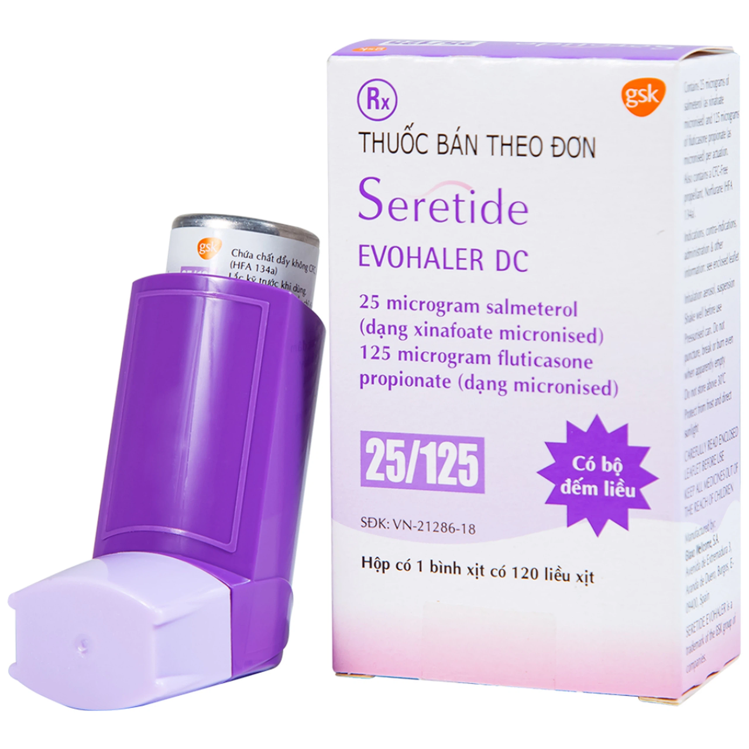 Khí dung Seretide Evohaler DC 25/125 Gsk điều trị hen phế quản, tắc nghẽn phổi mạn tính (120 liều)