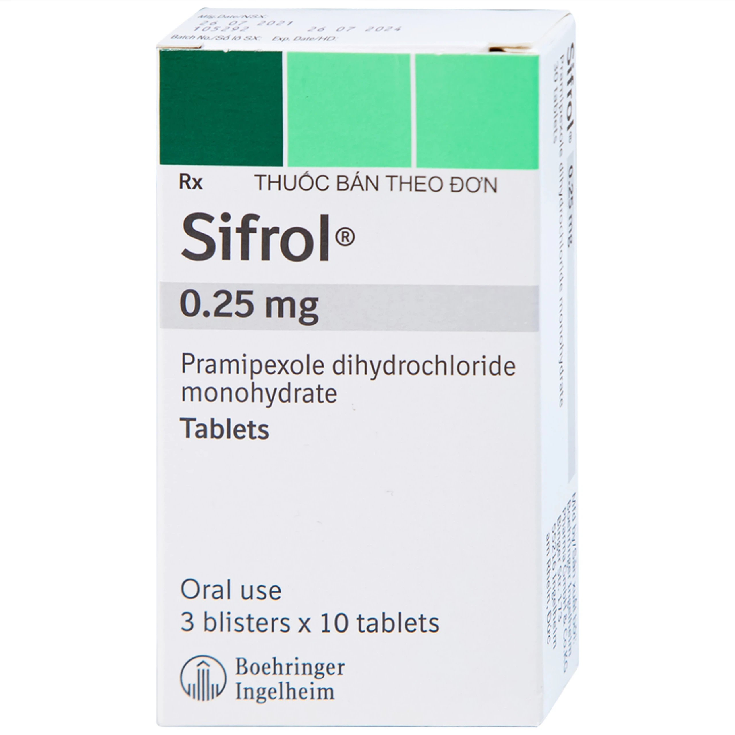 Thuốc Sifrol 0.25mg Boehringer điều trị bệnh parkinson (3 vỉ x 10 viên)