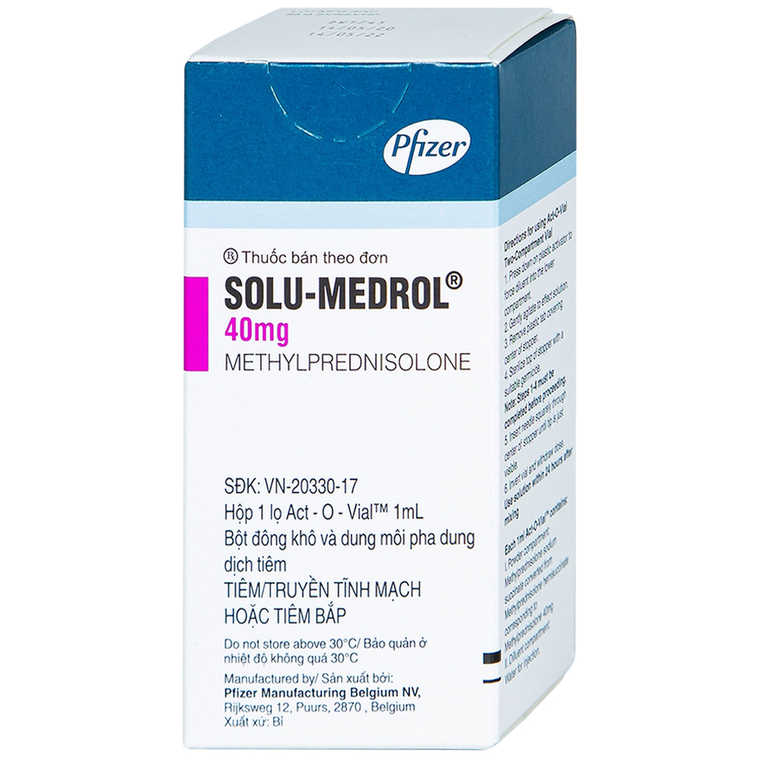 Bột pha tiêm Solu-Medrol 40mg Pfizer điều trị rối loạn thấp khớp, lupus ban đỏ hệ thống (1 lọ x 1ml)