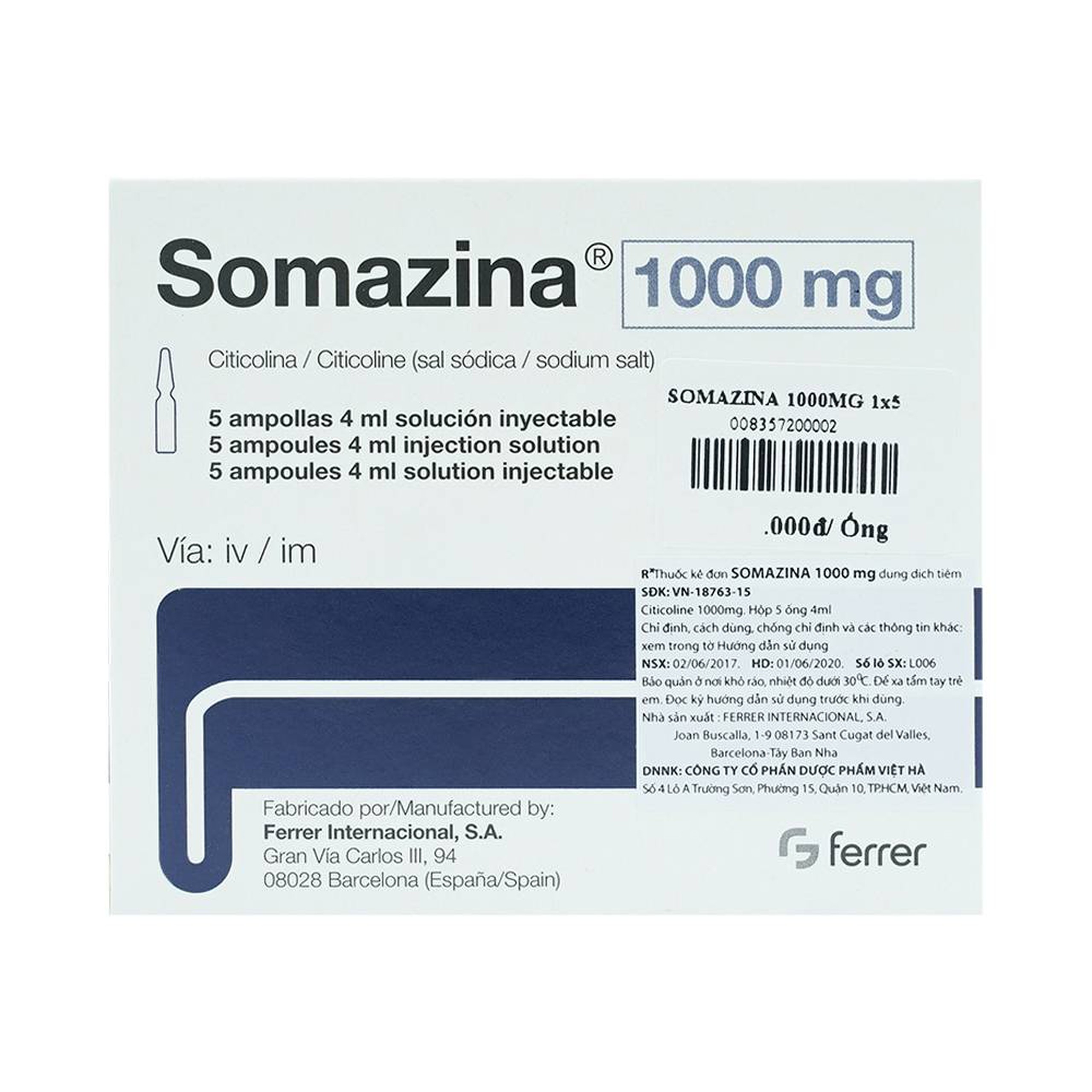 Thuốc tiêm Somazina 1000mg điều trị các rối loạn nhận thức, cảm giác (5 ống x 4ml)