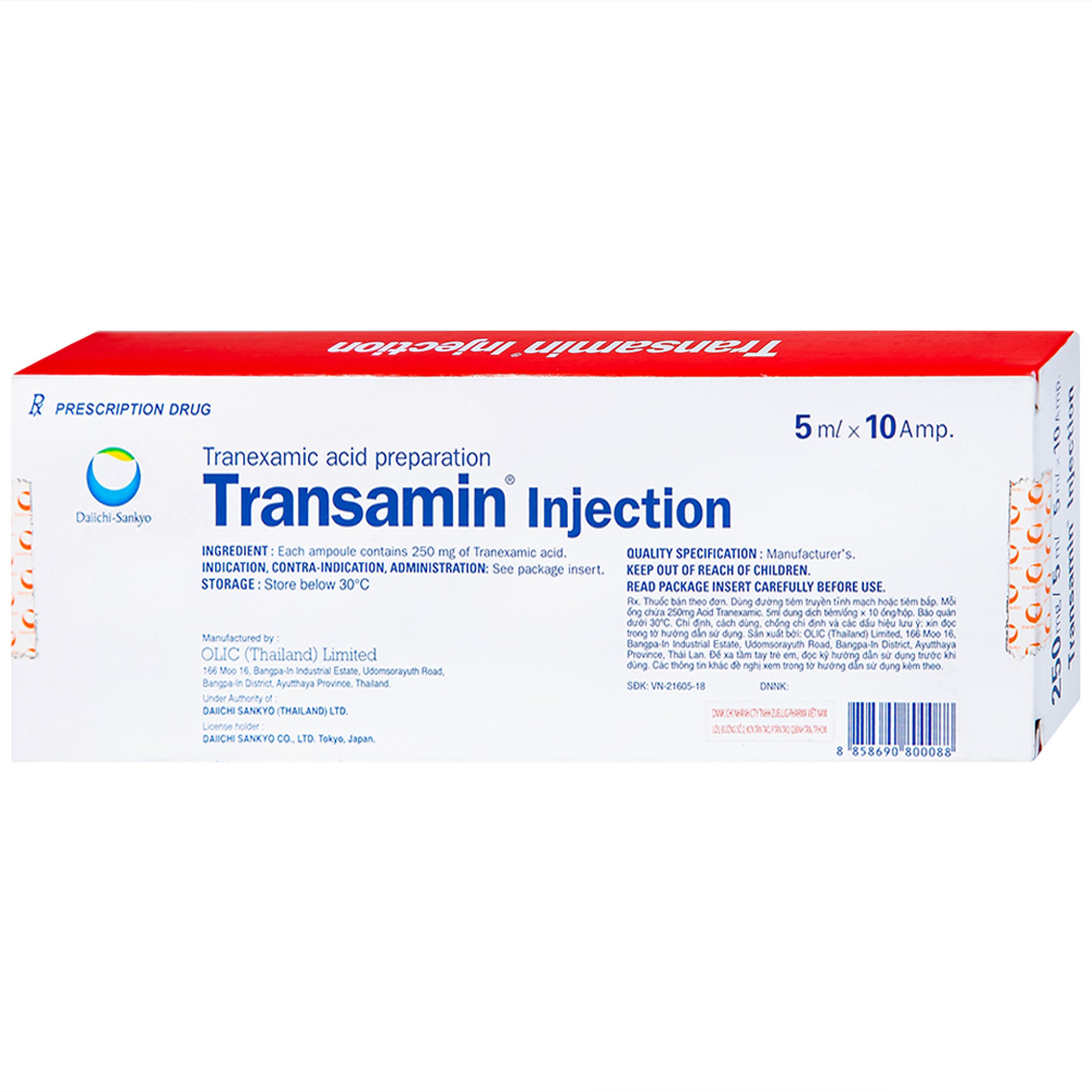 Thuốc tiêm Transamin Injection Daiichi điều trị bệnh bạch huyết, thiếu máu không tái tạo (1 vỉ x 10 ống x 5ml)