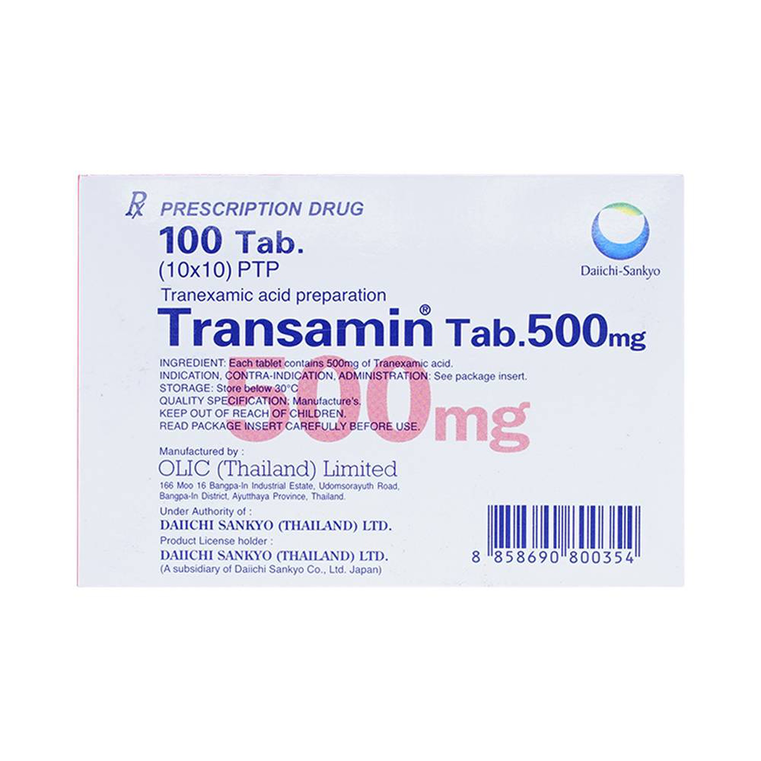 Thuốc Transamin Tab.500mg Daiichi điều trị bệnh bạch huyết, thiếu máu không tái tạo (10 vỉ x 10 viên)
