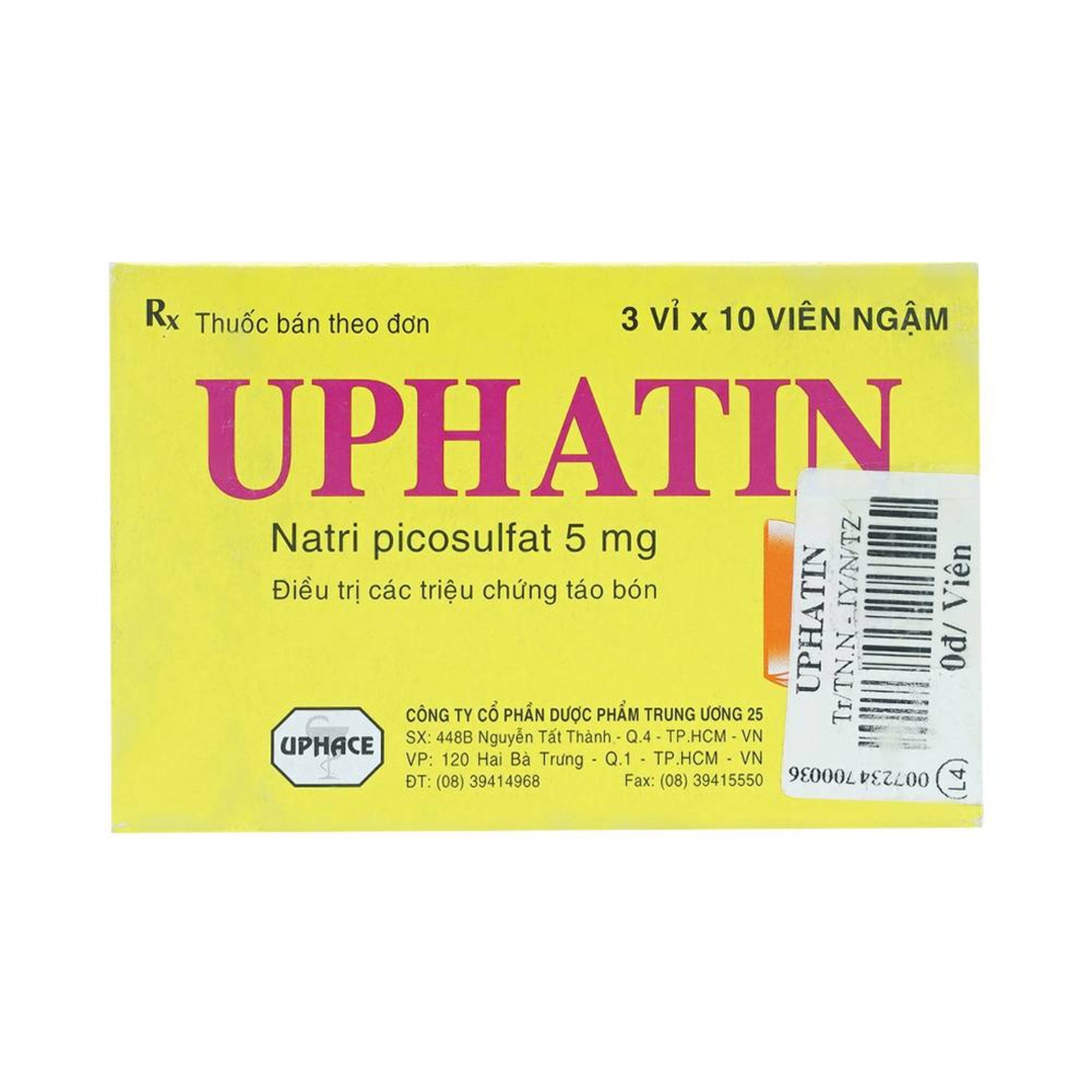 Viên ngậm Uphatin 5mg Uphace điều trị các triệu chứng táo bón (3 vỉ x 10 viên) 
