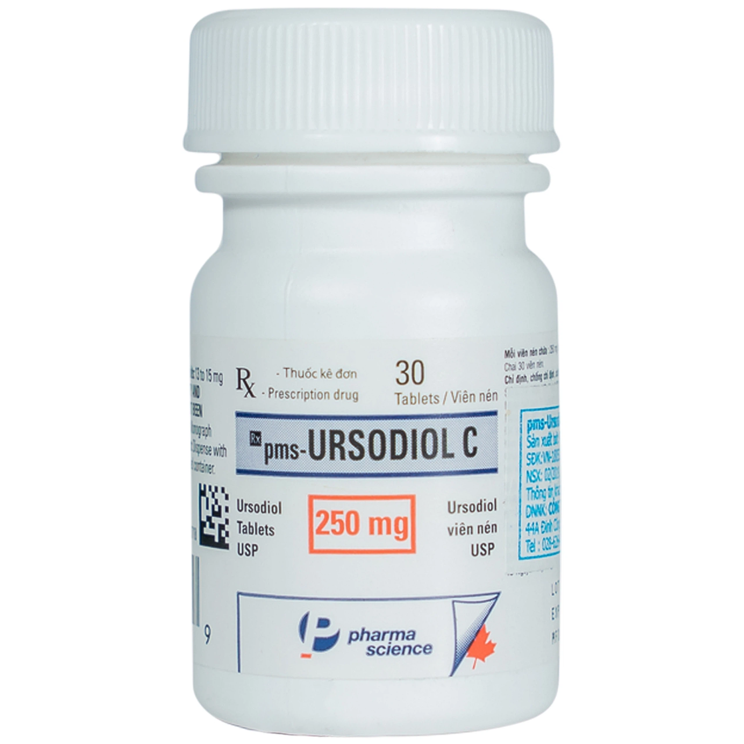 Thuốc Ursodiol C 250mg PharmaScience điều trị xơ gan ứ mật, làm tan sỏi mật (30 viên)