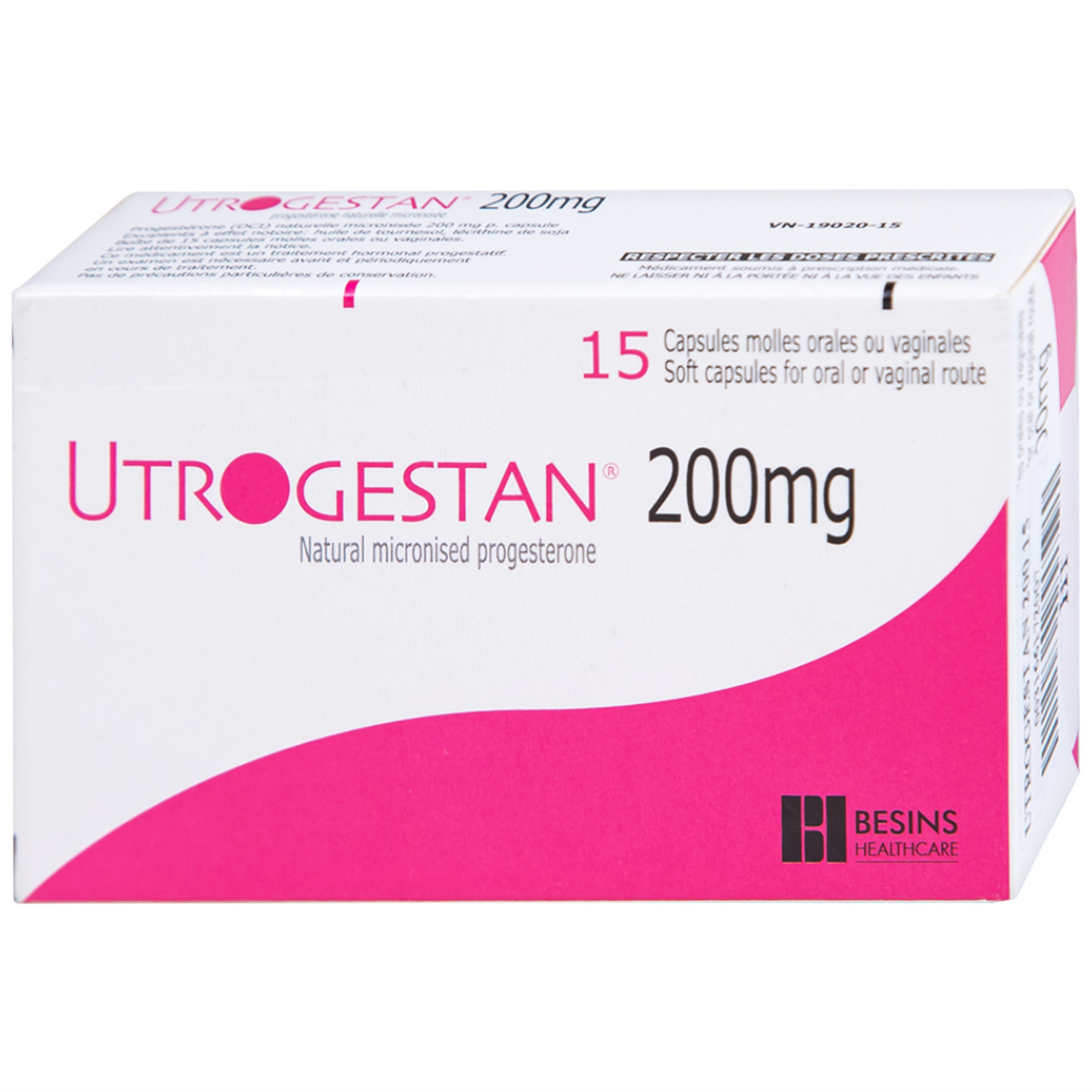 Thuốc Utrogestan 200mg Besins bổ sung nội tiết tố trong bệnh lý sản phụ khoa (15 viên)
