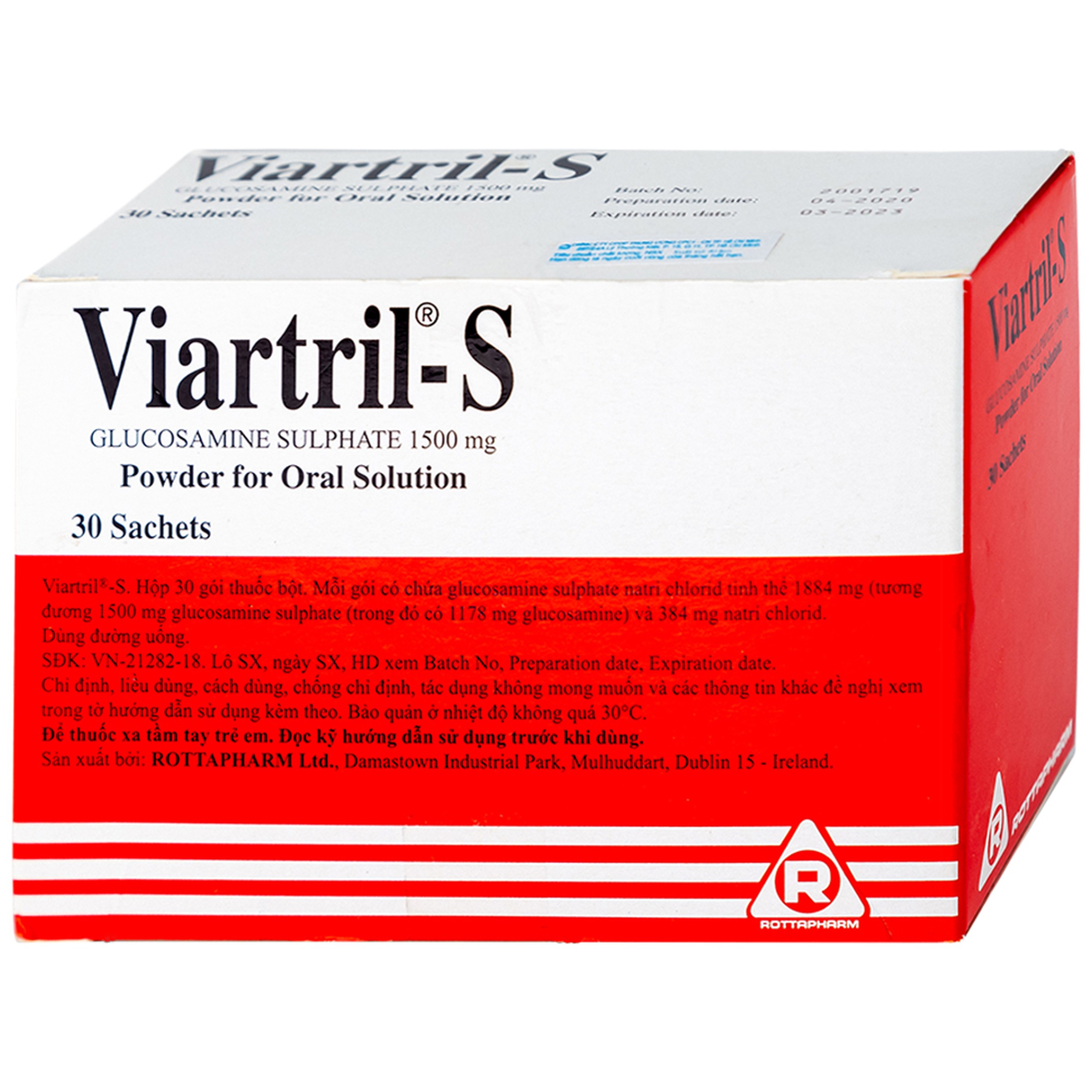 Bột pha uống Viartril-S 1500mg Rottapharm giảm triệu chứng thoái hóa khớp nhẹ và trung bình (30 gói)