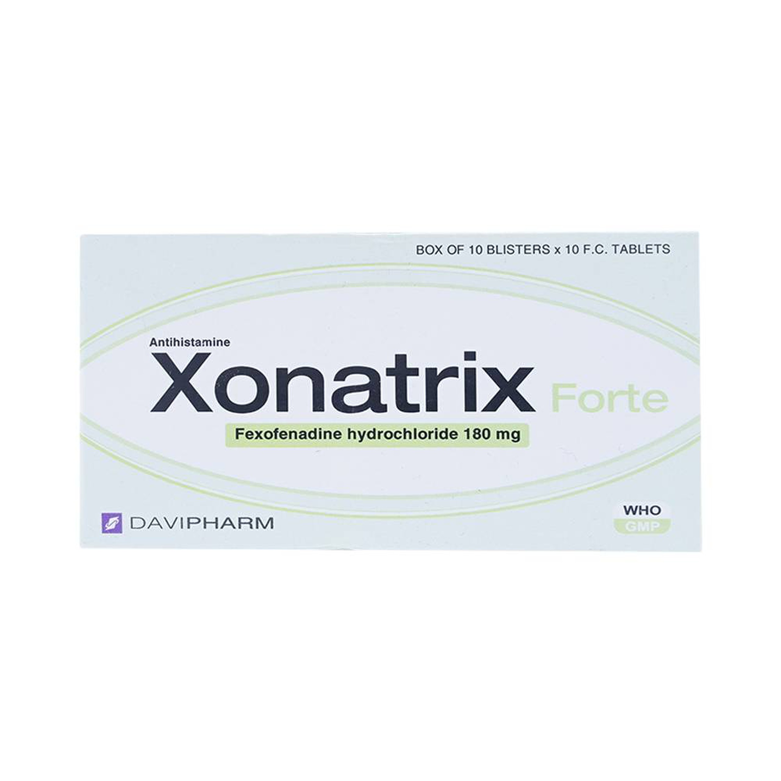 Thuốc Xonatrix Forte 180mg DaviPharm điều trị triệu chứng viêm mũi dị ứng theo mùa (10 vỉ x 10 viên) 