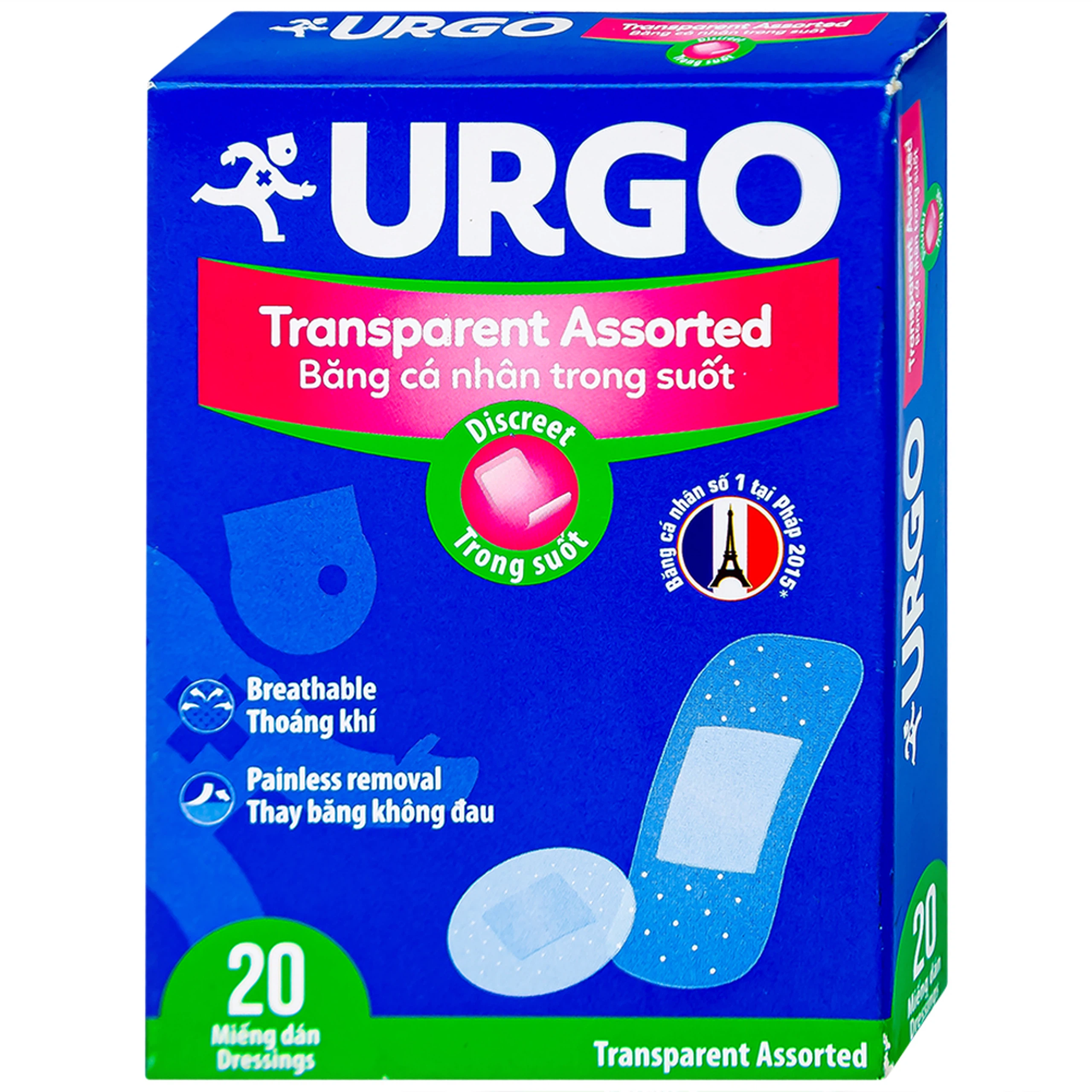 Băng cá nhân trong suốt Urgo Transparent Assorted bảo vệ các vết thương nhỏ, vết trầy xước, rách da (20 miếng)