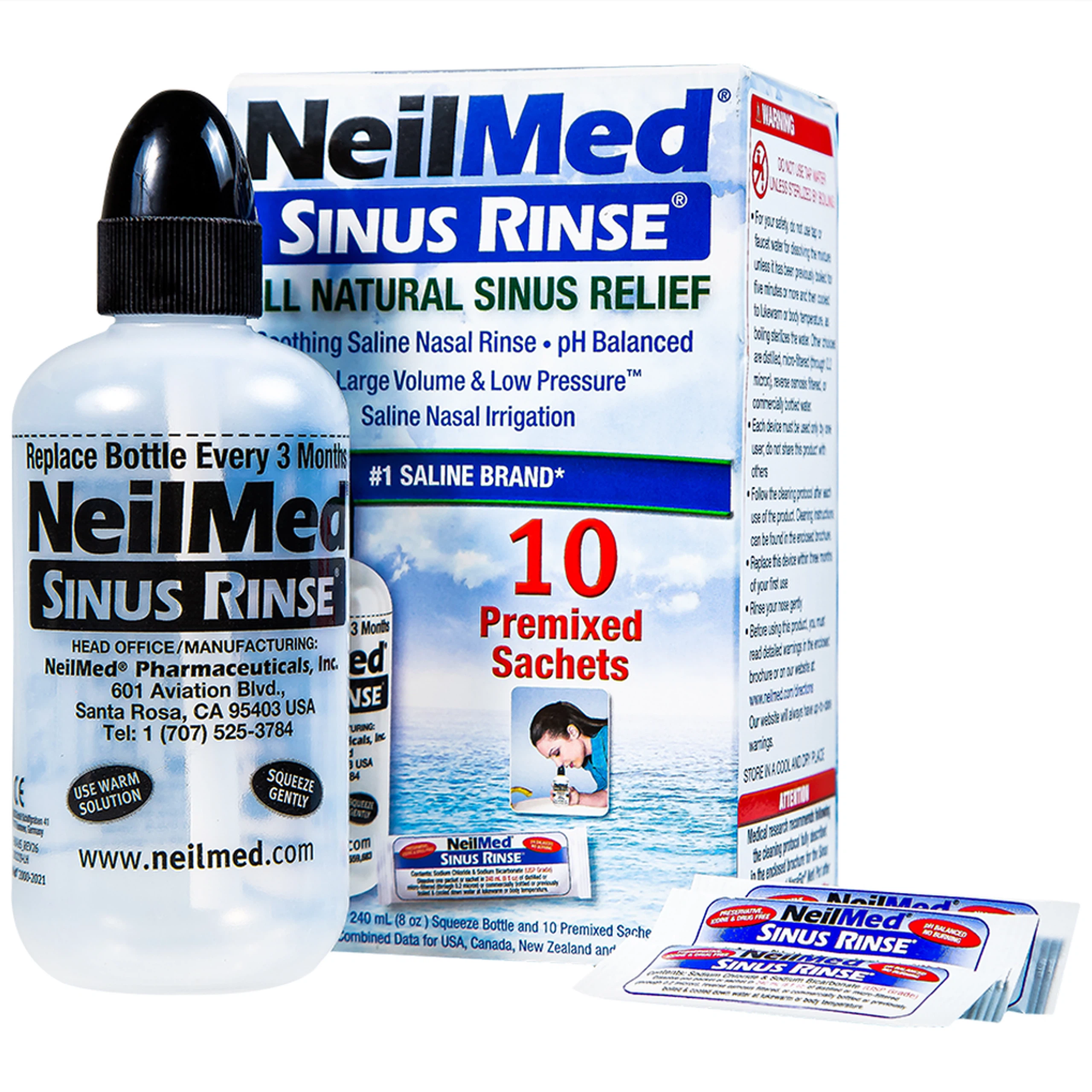 Bộ dụng cụ 1 bình + 10 gói bột rửa mũi NeilMed Sinus Rinse làm sạch và ngăn ngừa chứng viêm mũi dị ứng