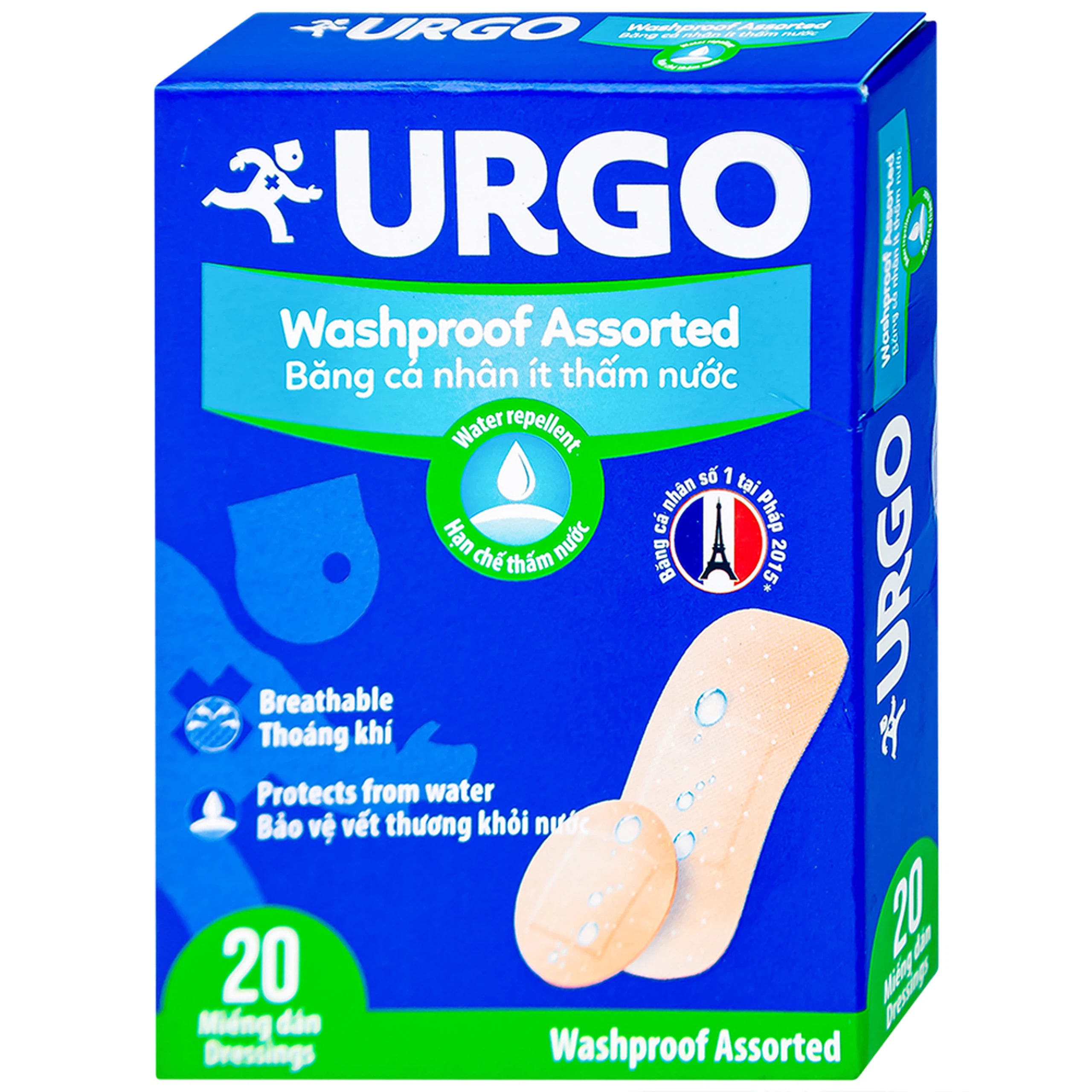 Băng cá nhân ít thấm nước Urgo Washproof Assorted bảo vệ vết thương khỏi nước (20 miếng)