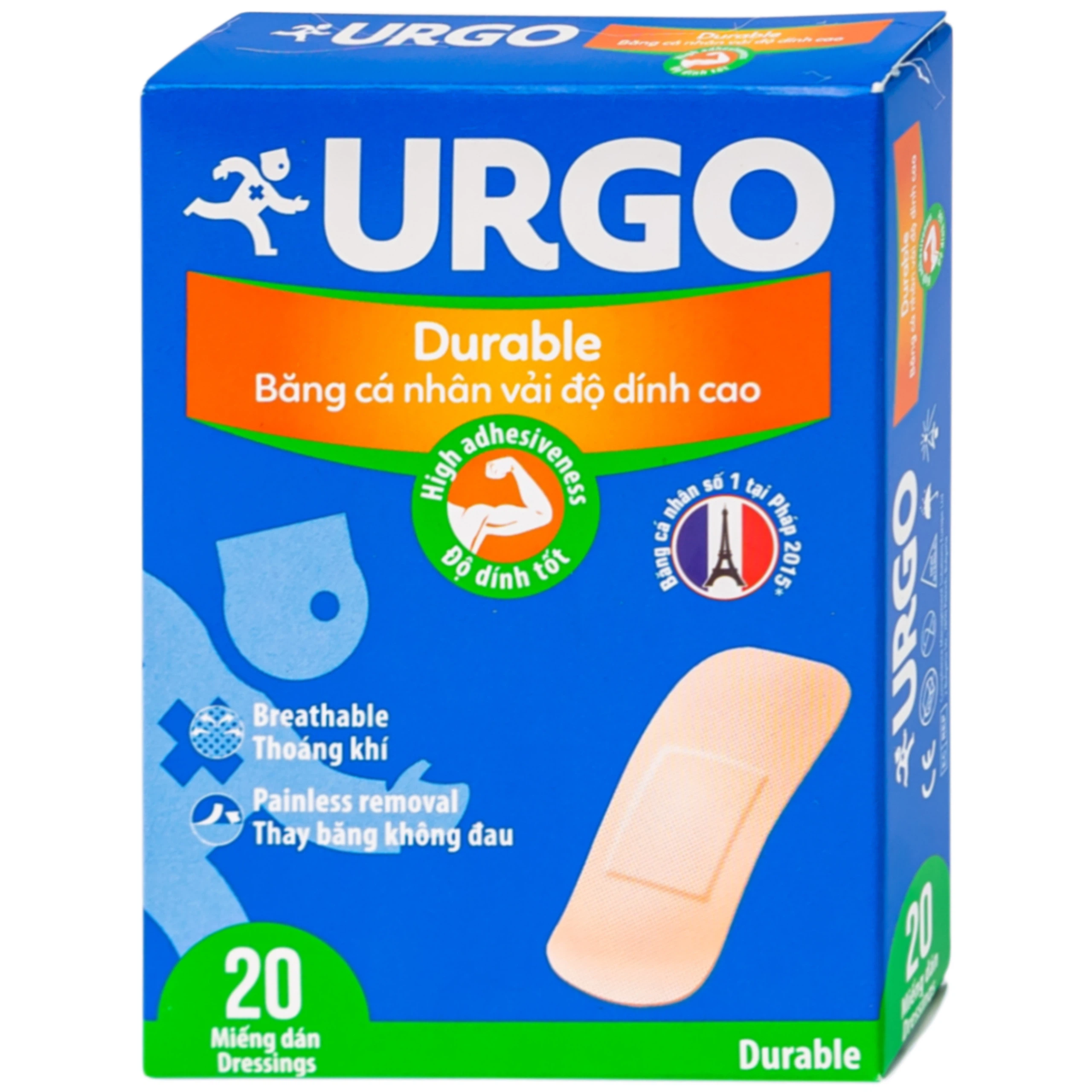 Băng cá nhân vải độ dính cao Urgo Durable size 2cm x 6cm bảo vệ các vết thương nhỏ, vết trầy xước, rách da (20 miếng)  