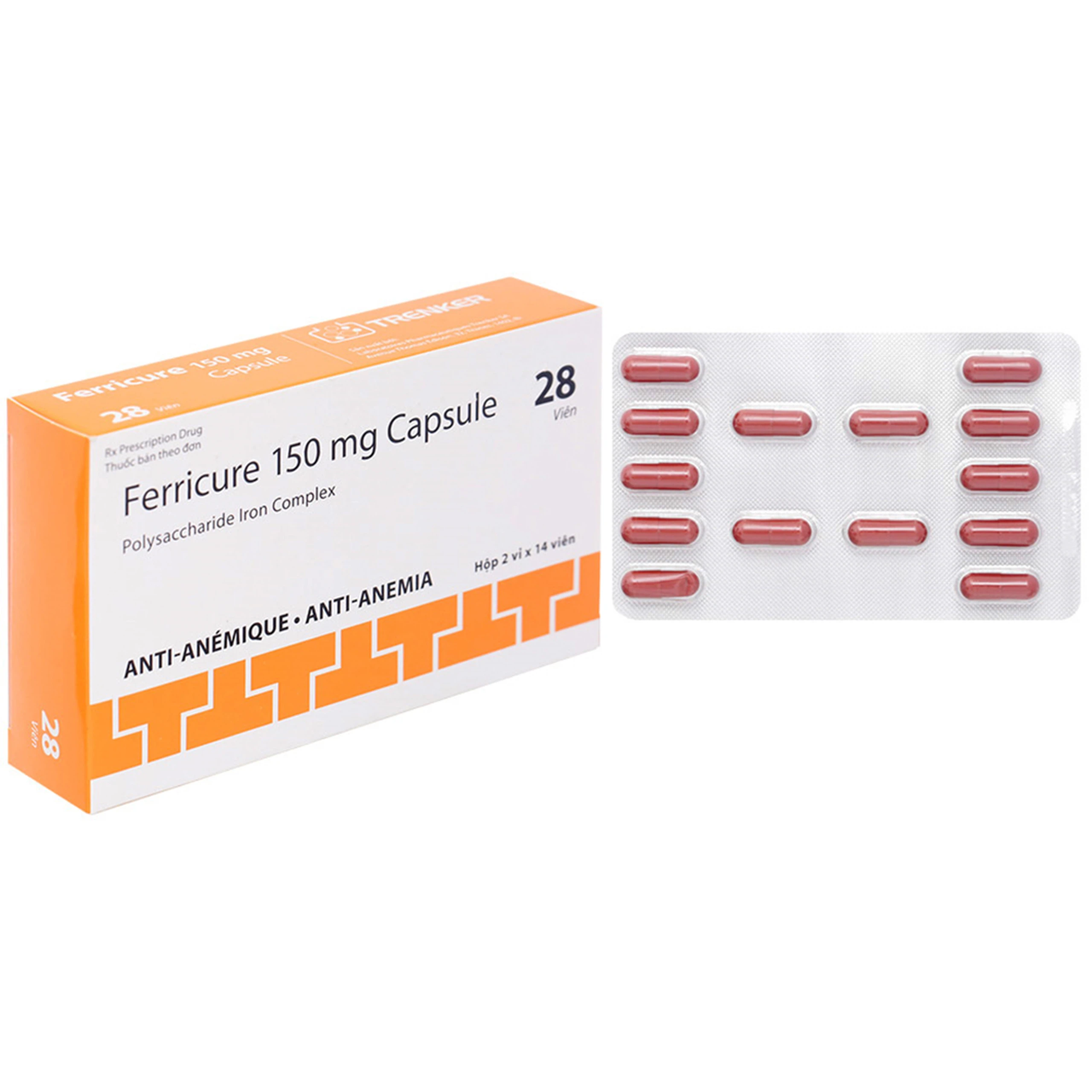 Thuốc Ferricure 150mg Trenker điều trị thiếu sắt, thiếu máu do thiếu sắt (2 vỉ x 14 viên)