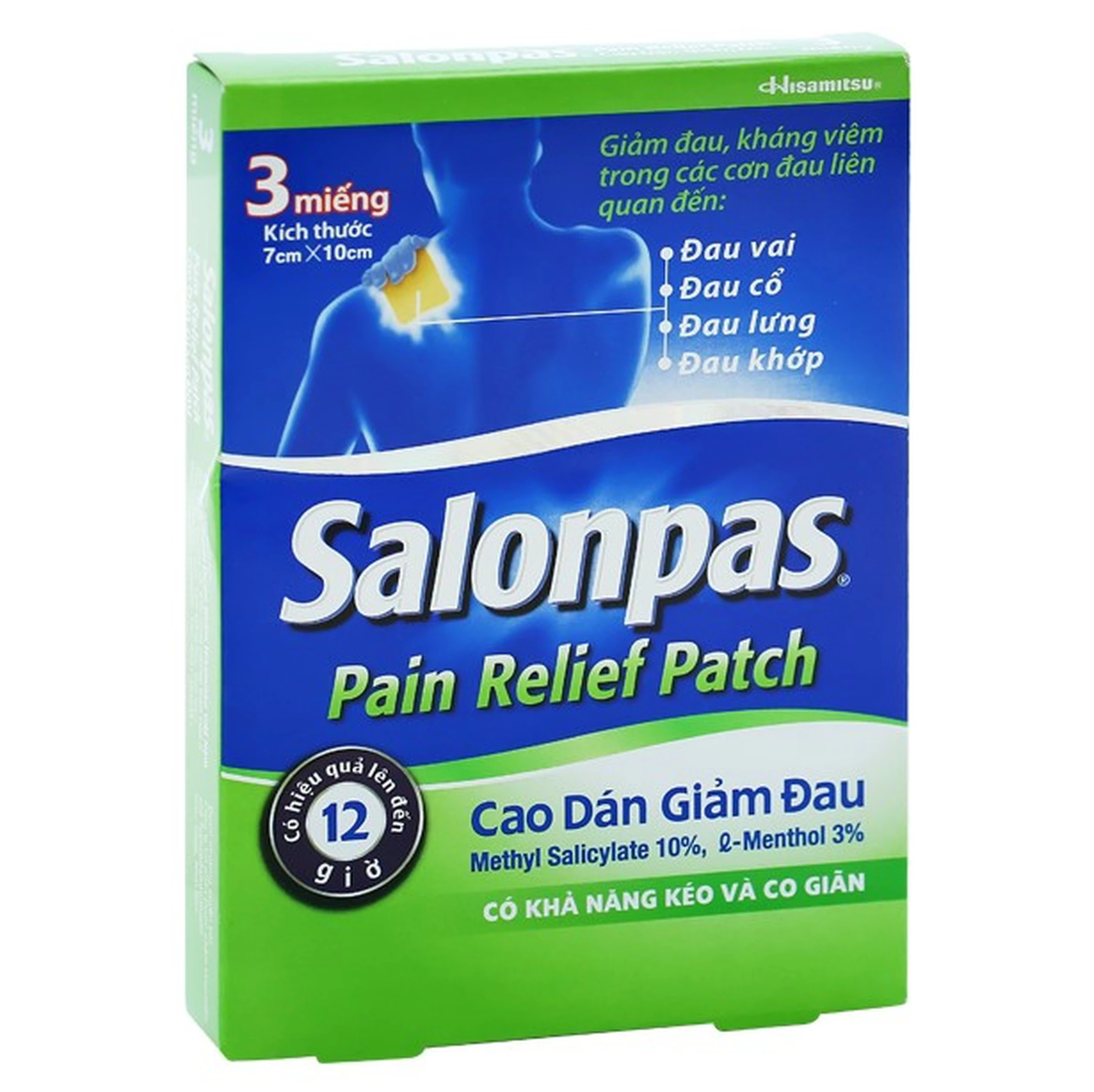 Cao dán giảm đau Salonpas Pain Relief Patch dùng trong các cơn đau vai, đau cổ (7cm x 10 cm - 3 miếng)