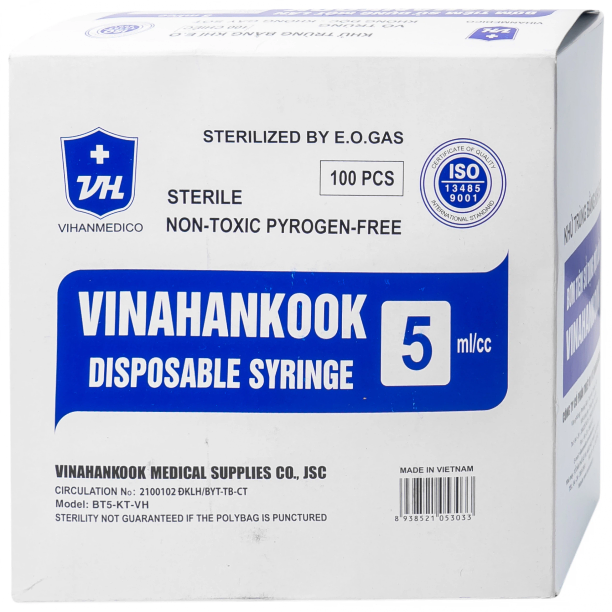 Bơm tiêm sử dụng một lần Vinahankook 5ml/cc được khử trùng bằng khí E.O (100 cái)