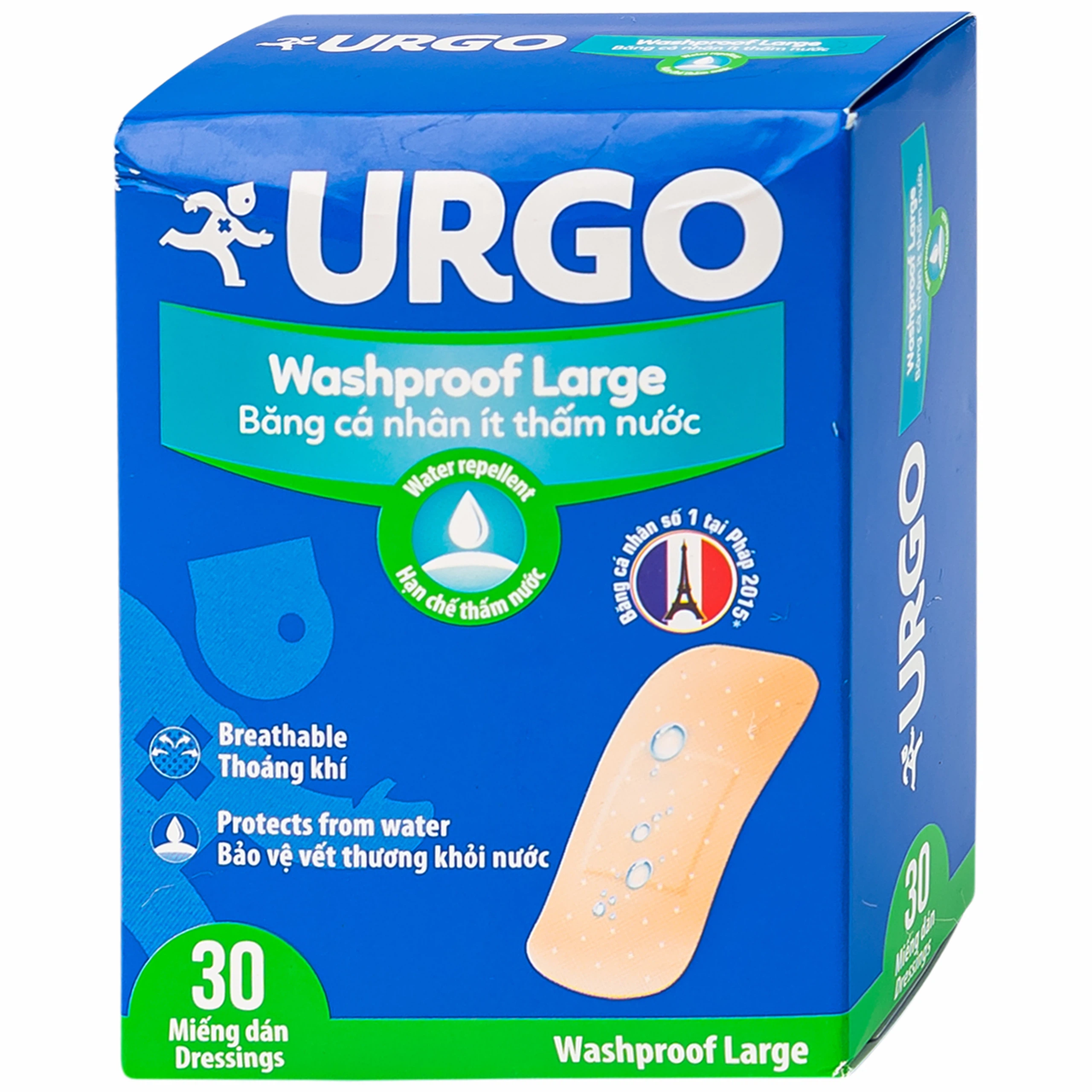 Băng cá nhân ít thấm nước Urgo Washproof Large bảo vệ vết thương khỏi nước (30 miếng)
