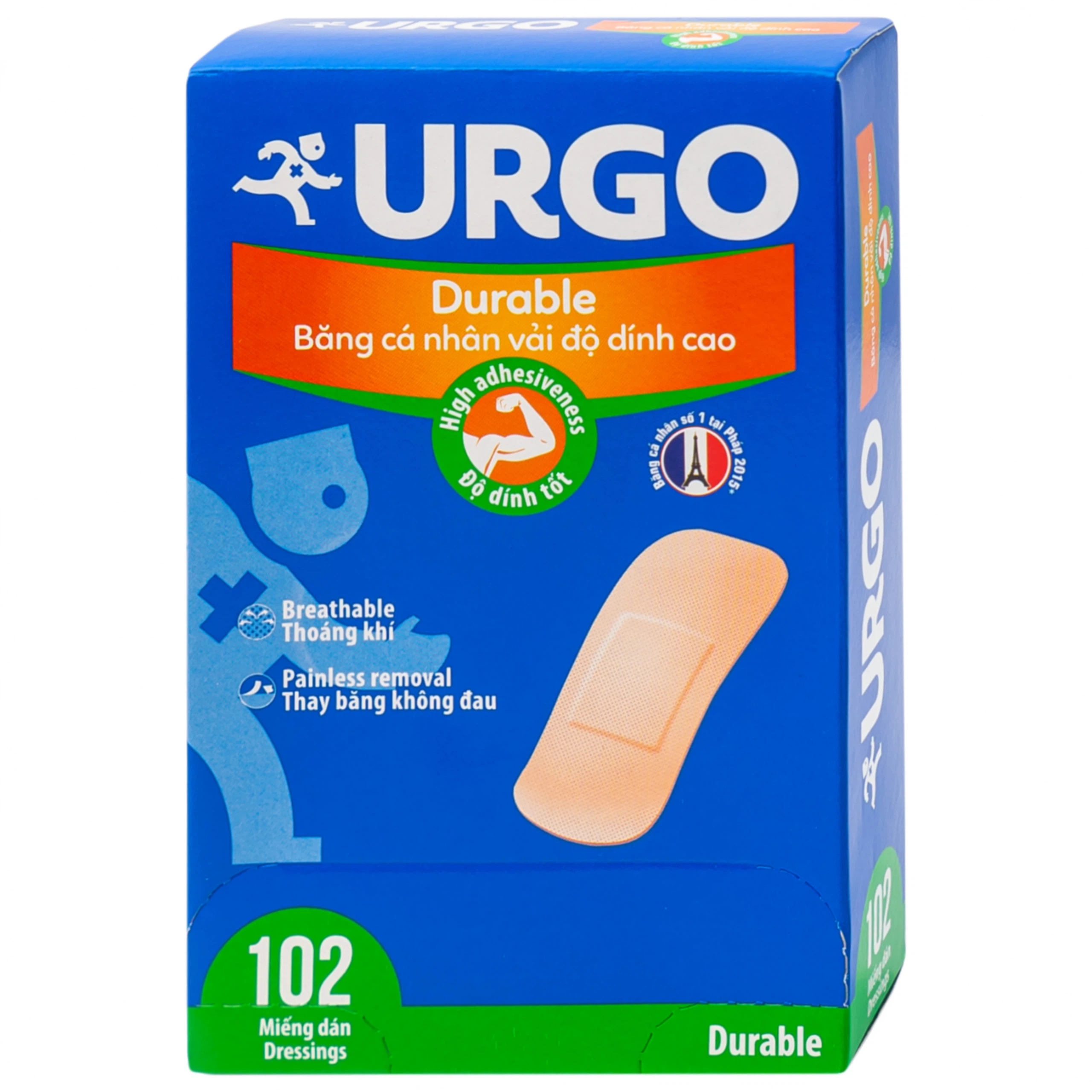 Băng cá nhân vải độ dính cao Urgo Durable size 2cm x 6cm bảo vệ các vết thương nhỏ, vết trầy xước, rách da (102 miếng)