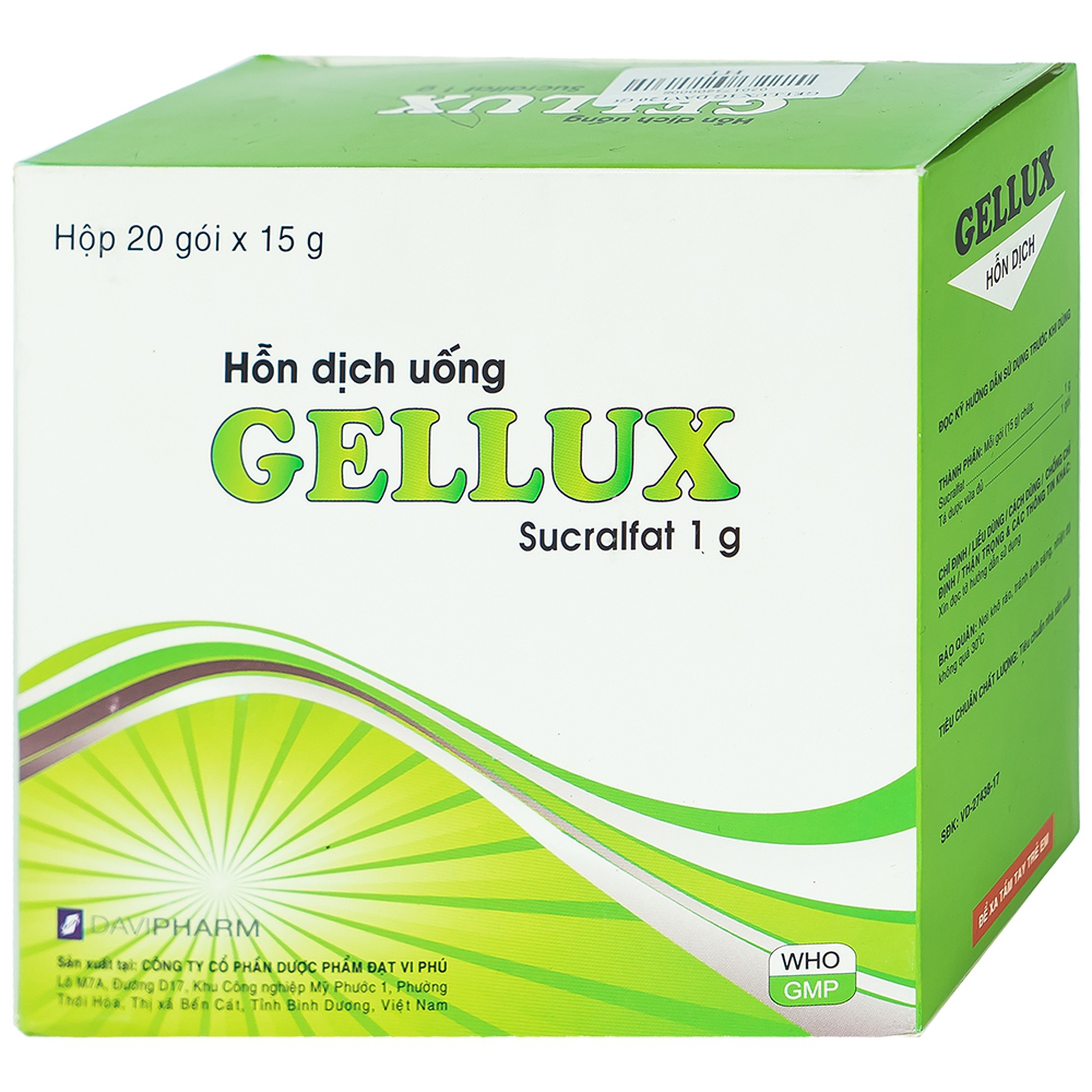 Hỗn dịch uống Gellux 1g Davipharm điều trị ngắn ngày loét tá tràng, dạ dày lành tính (20 gói x 15g)