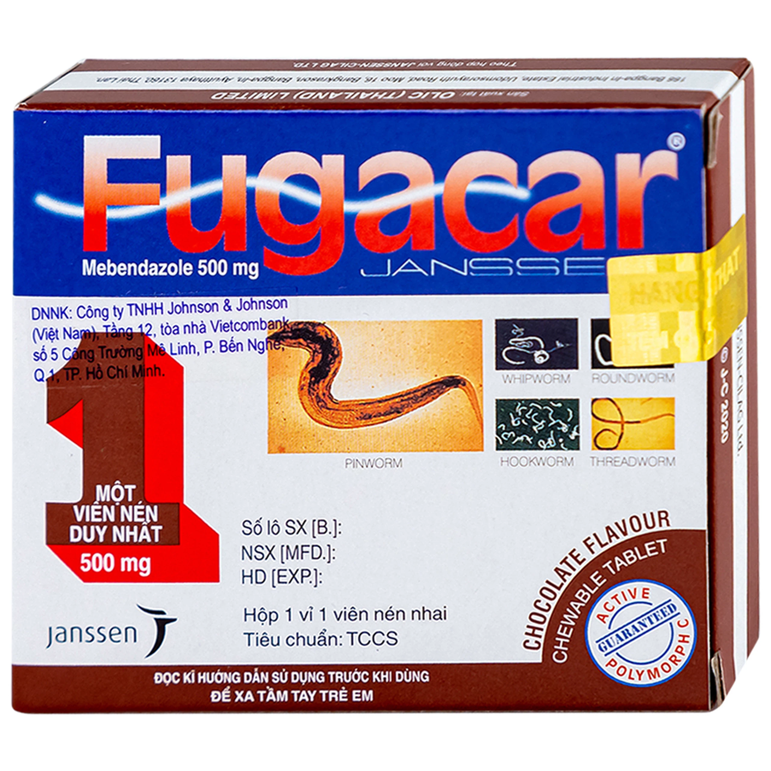 Thuốc Fugacar Janssen hương socola điều trị nhiễm một hay nhiều loại giun đường ruột (1 viên)