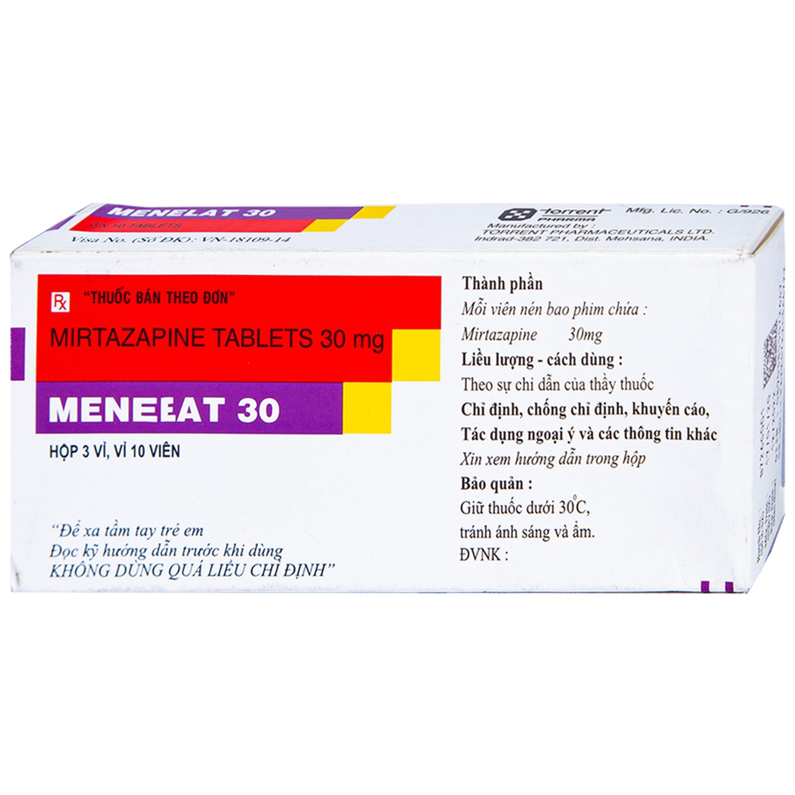 Viên nén Menelat 30 Torrent điều trị bệnh trầm cảm (3 vỉ x 10 viên)