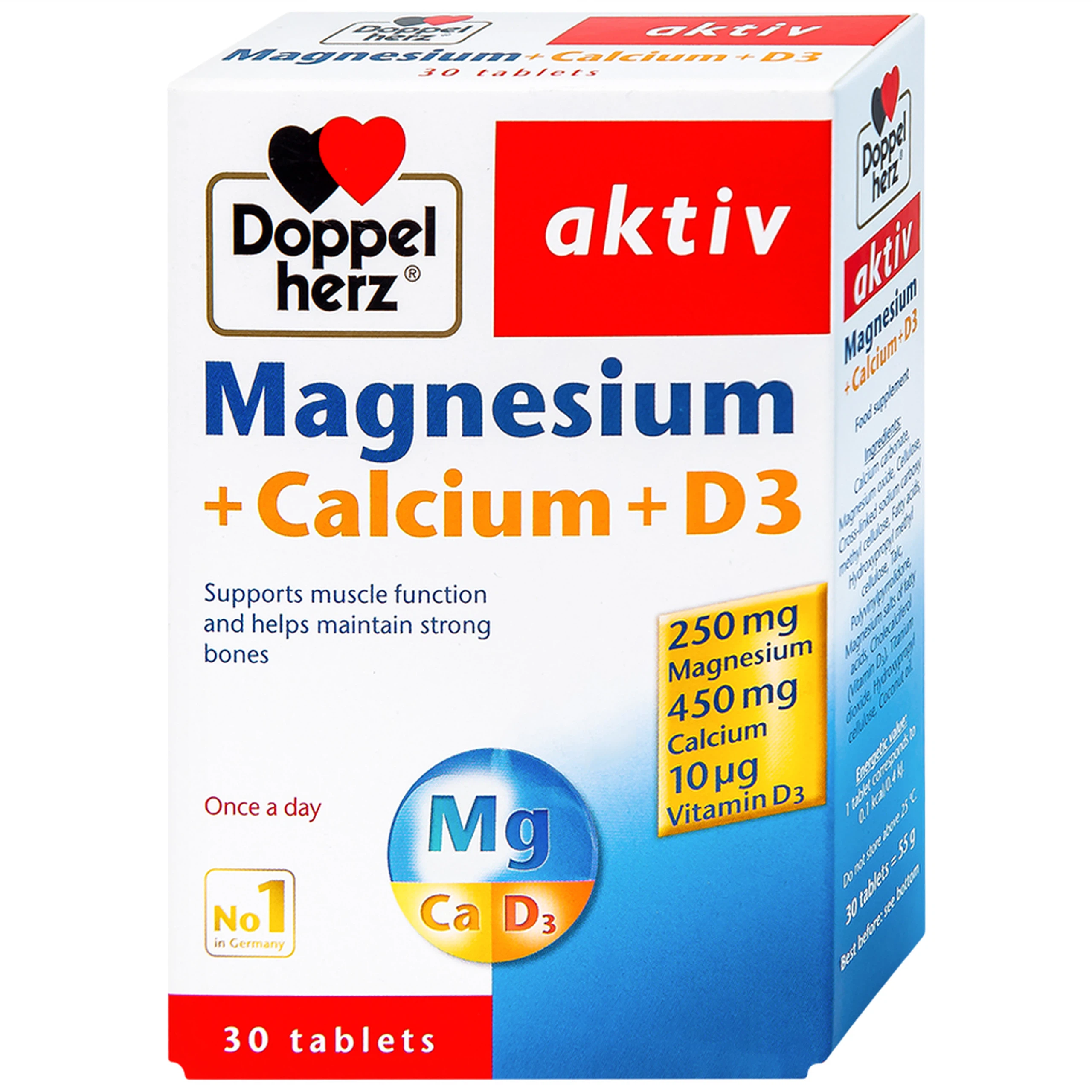 Viên uống Magnesium+Calcium+D3 Doppelherz Aktiv hỗ trợ cơ và xương khỏe mạnh (3 vỉ x 10 viên)