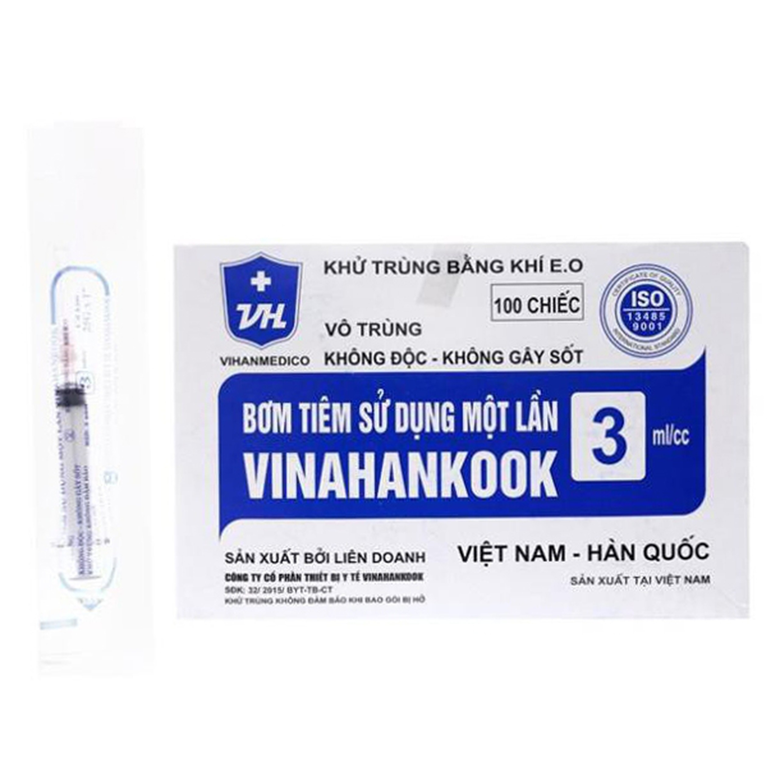 Bơm tiêm sử dụng một lần Vinahankook 3ml/cc được khử trùng bằng khí E.O (25g - 100 cái)
