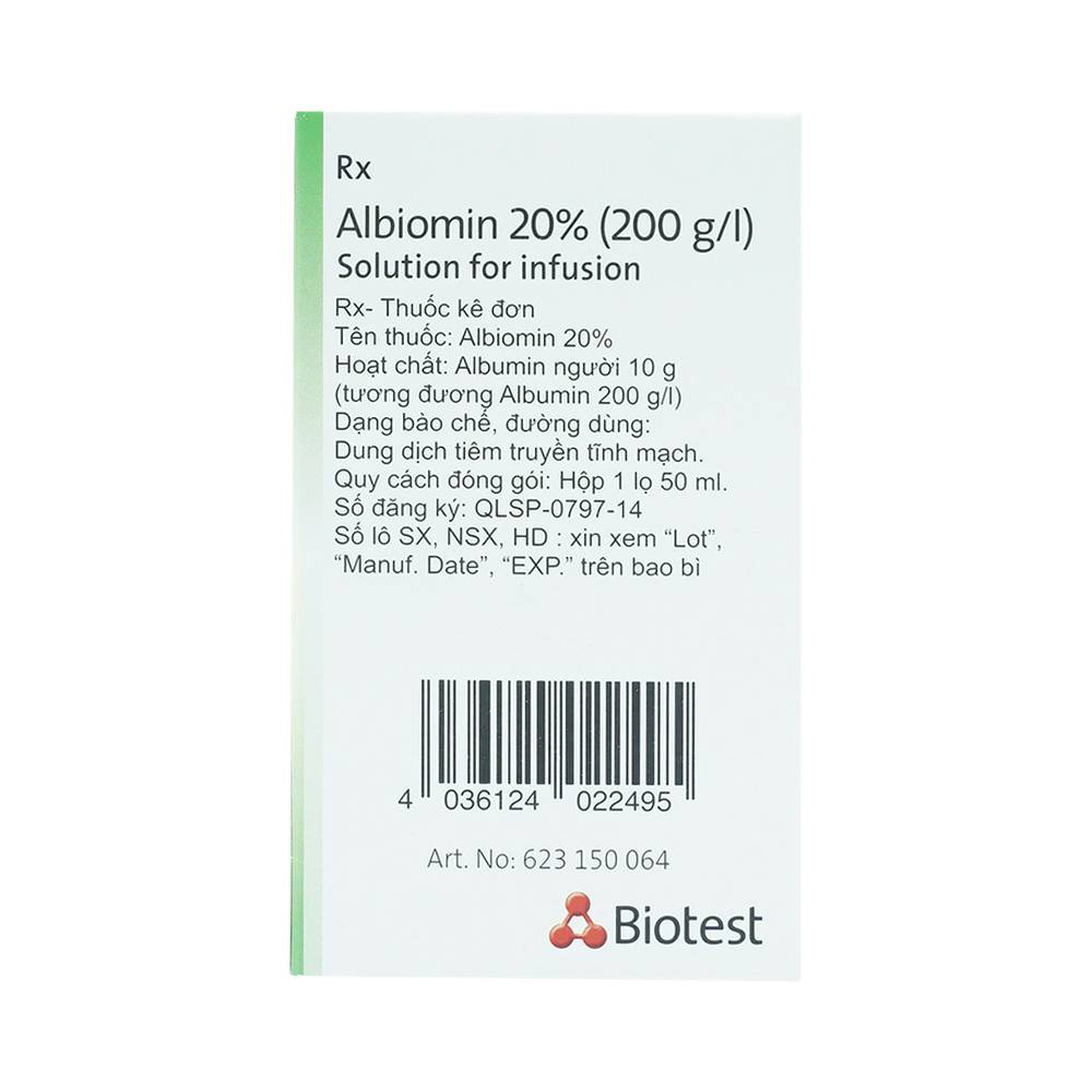 Dịch truyền Albiomin 20% Biotest điều trị cấp cứu trường hợp choáng do giảm thể tích máu (50ml)