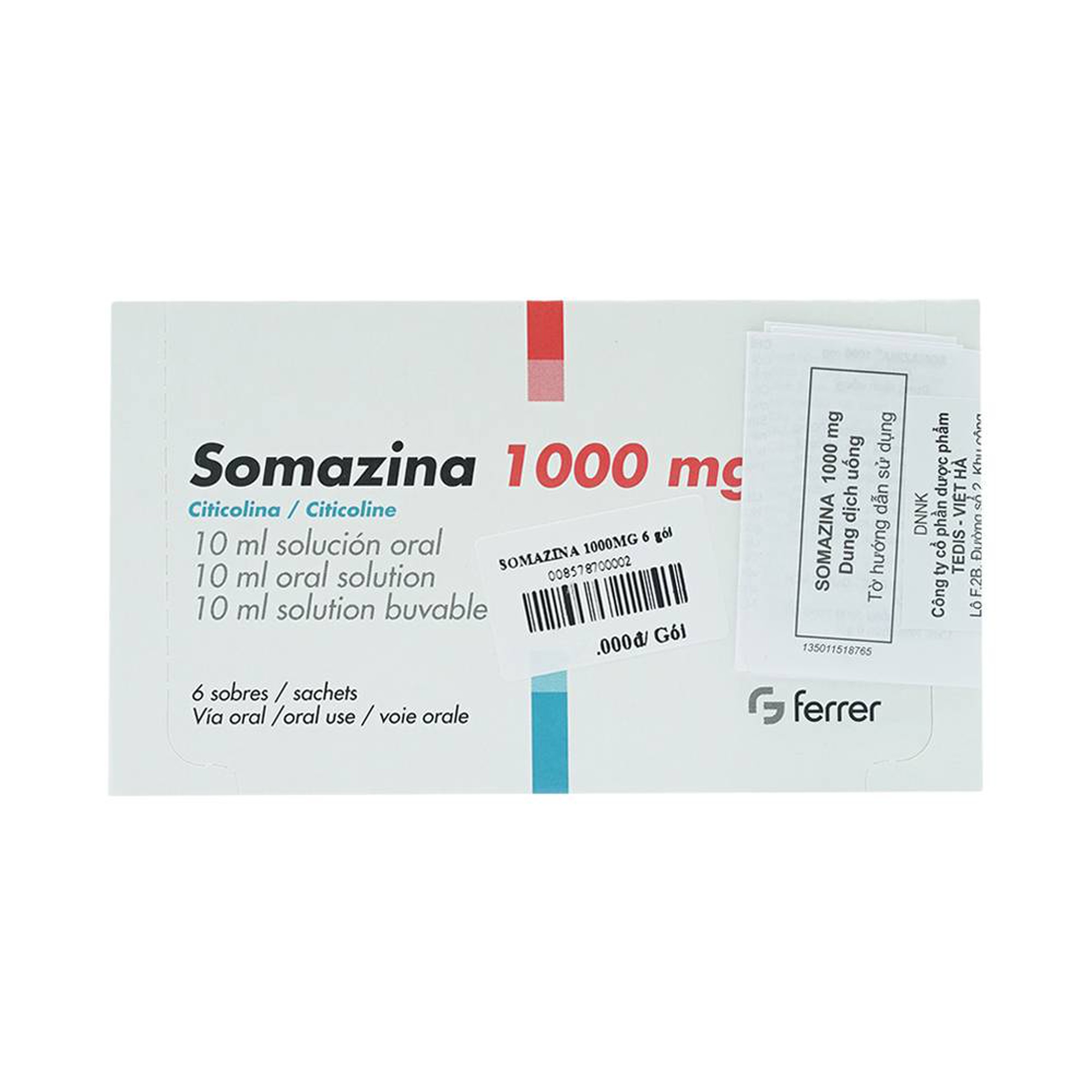Dung dịch uống Somazina 1000mg Ferrer điều trị các rối loạn nhận thức, cảm giác (6 gói x 10ml)