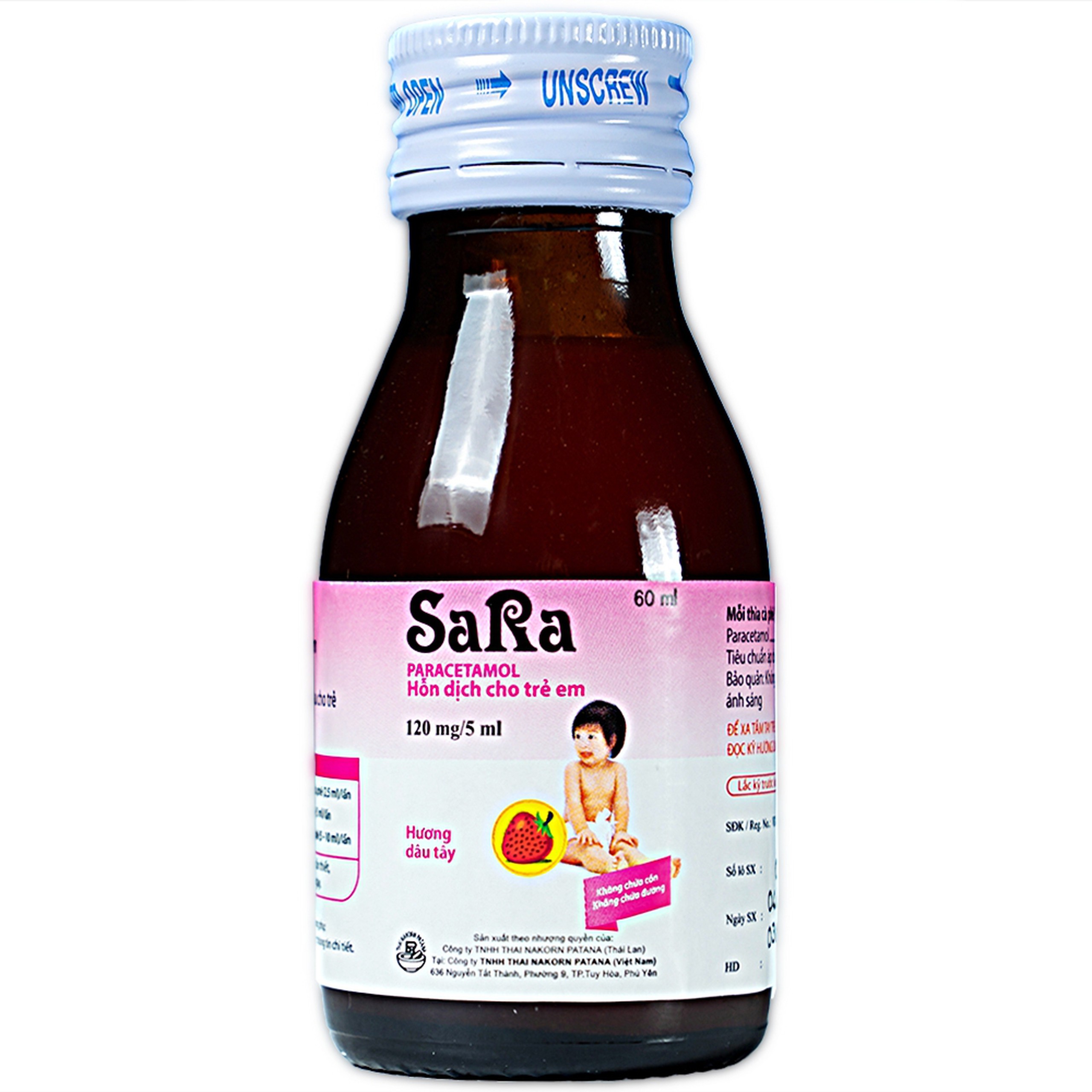 Thuốc Sara 120mg/5ml Thai Nakorn Patana hương dâu tây hạ sốt, giảm đau cho trẻ (60ml)