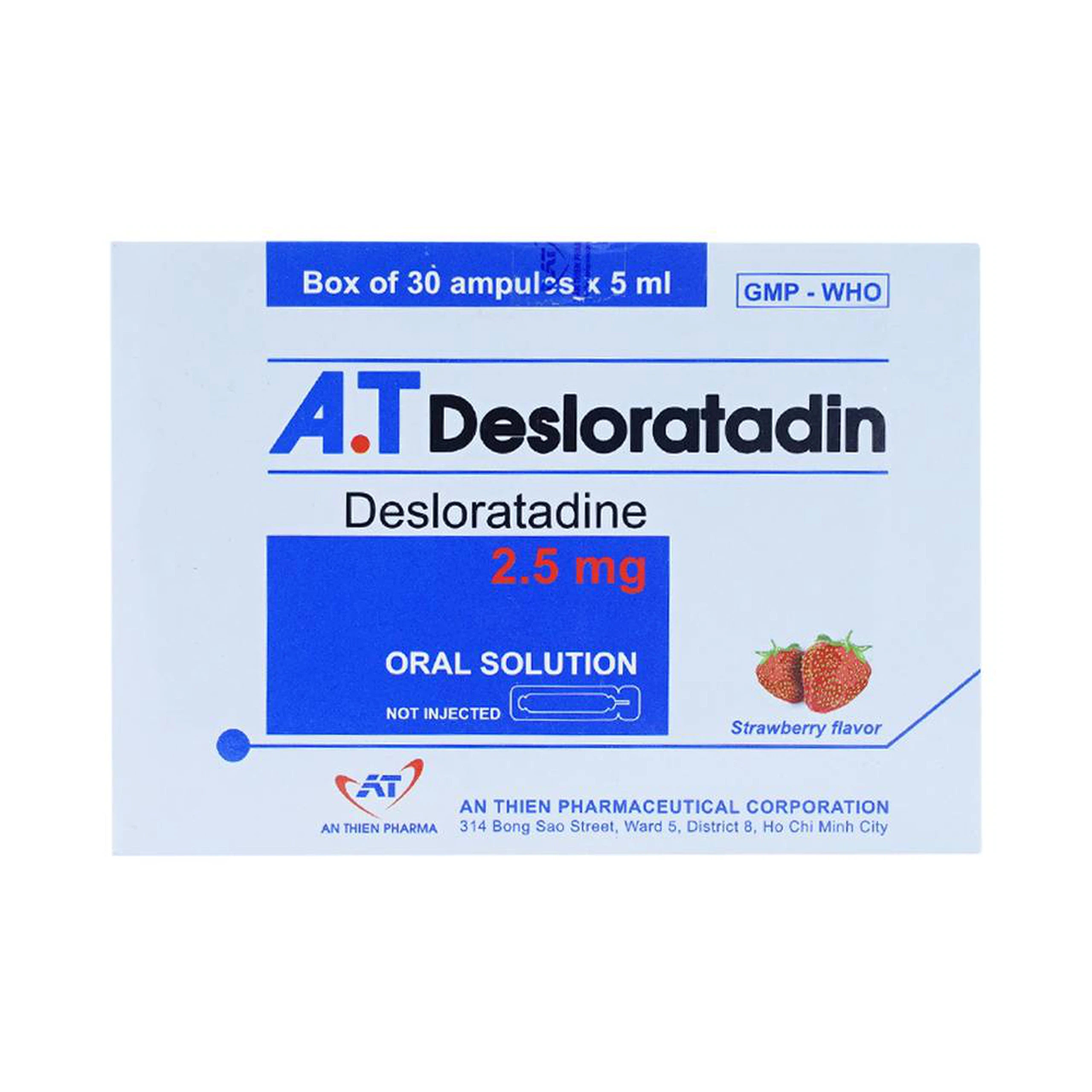 Dung dịch uống A.T Desloratadin 2.5mg An Thiên giảm viêm mũi dị ứng, nổi mày đay mạn tính (30 ống x 5ml)
