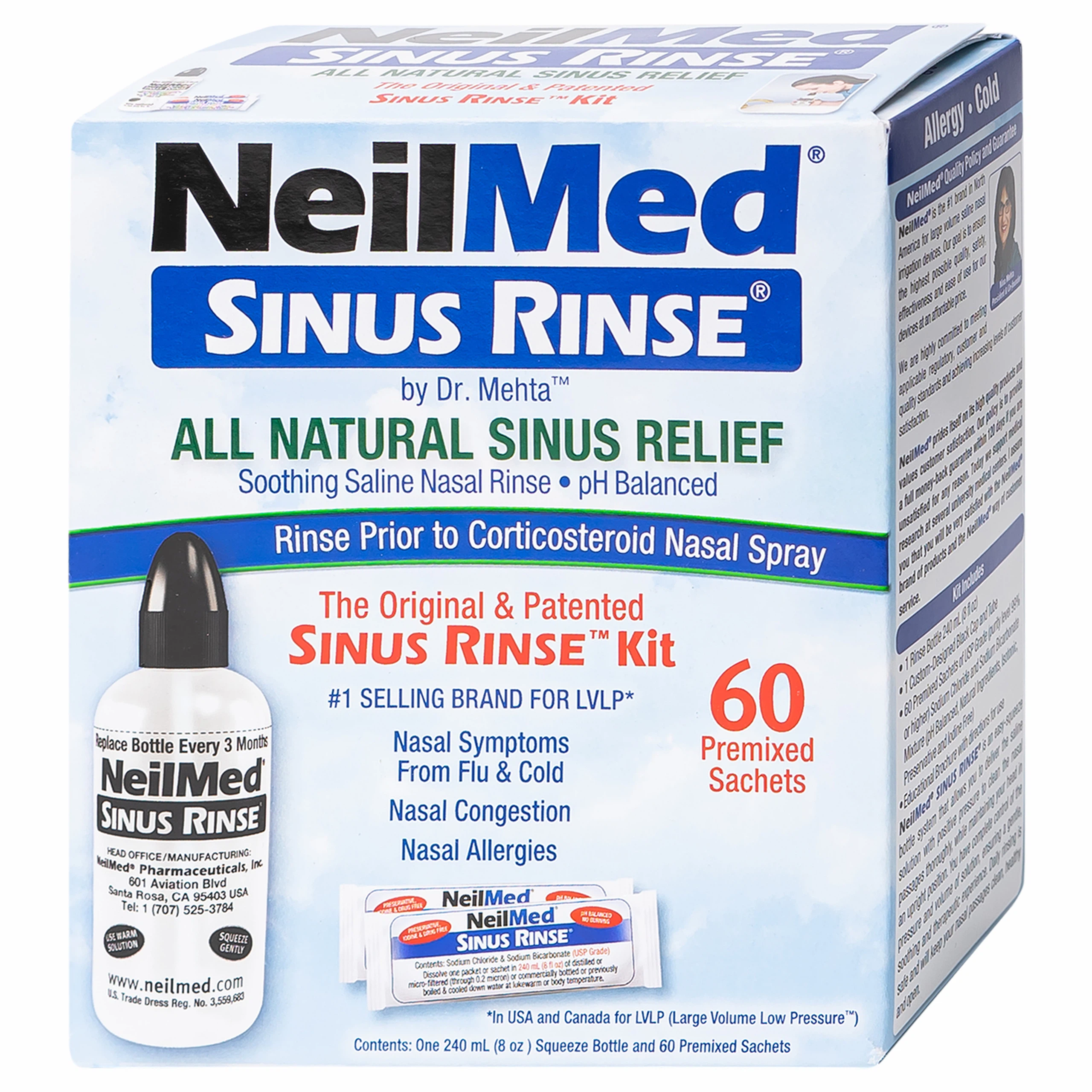 Bộ dụng cụ 1 bình + 60 gói bột rửa mũi NeilMed Sinus Rinse làm sạch và ngăn ngừa chứng viêm mũi dị ứng