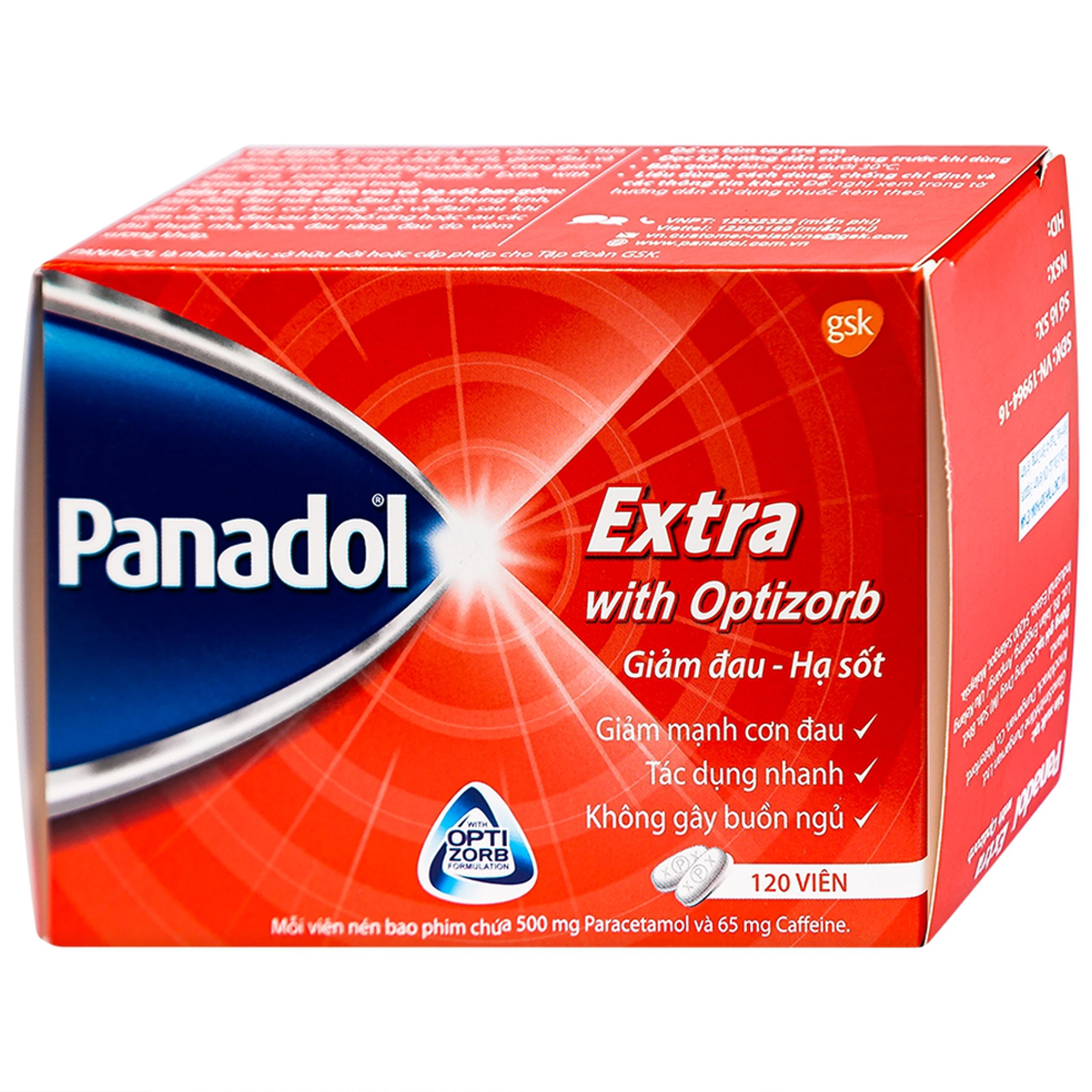 Viên nén Panadol Extra With Optizorb GSK giảm đau, hạ sốt nhanh, không gây buồn ngủ (12 vỉ x 10 viên)
