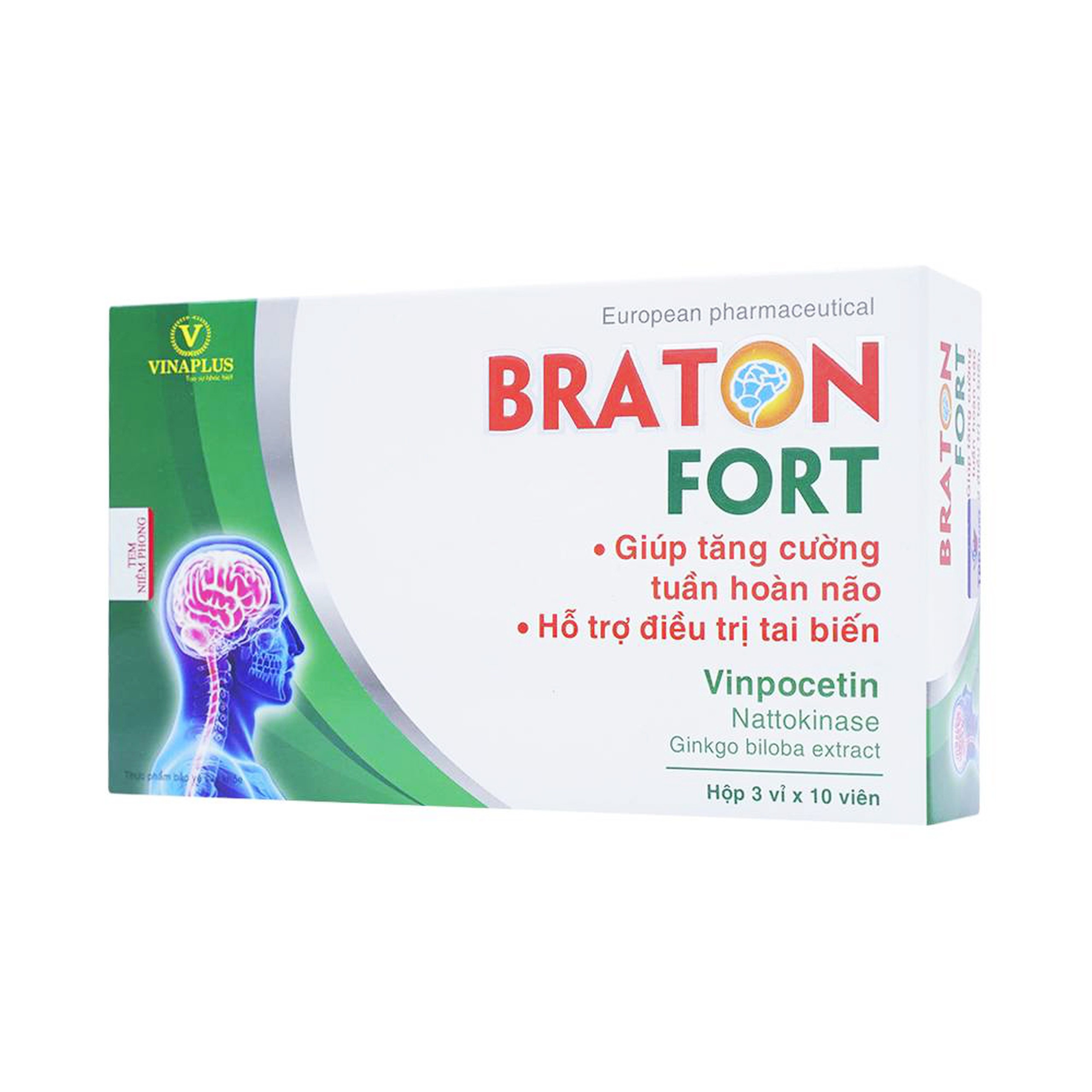 Viên uống Braton Fort Vinaplus tăng cường tuần hoàn não, hỗ trợ điều trị tai biến (3 vỉ x 10 viên)