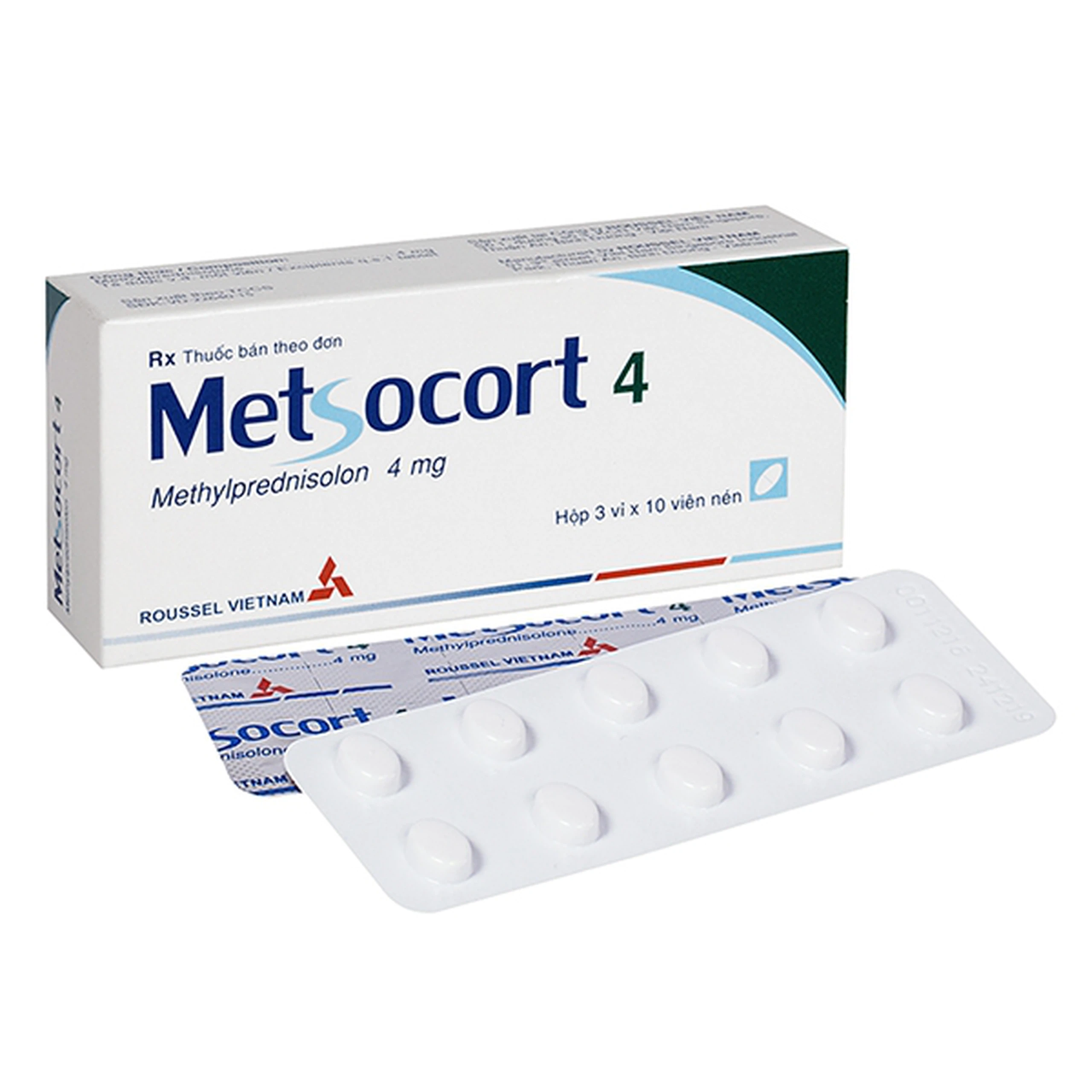 Thuốc Metsocort 4 Roussel kháng viêm, điều trị viêm khớp dạng thấp, lupus ban đỏ, hen phế quản (3 vỉ x 10 viên)